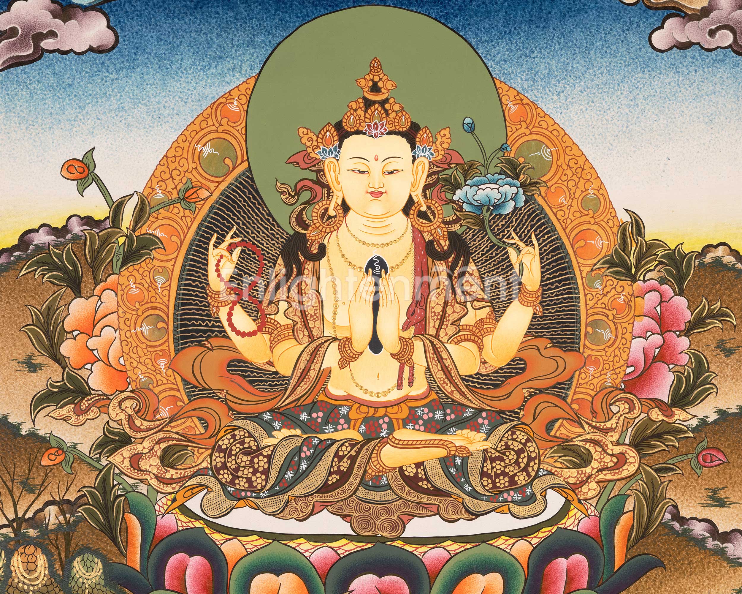 4 Armed Avalokiteshvara Painting | Sacred Buddhist Art of Infinite Compassion