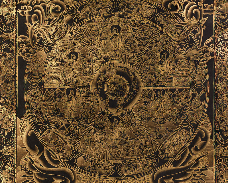 The Wheel of Life (Bhavacakra) Thangka | Fully Gold Embellished on Black Canvas, Brocade Mounted | Tibetan Masterpiece of Samsara