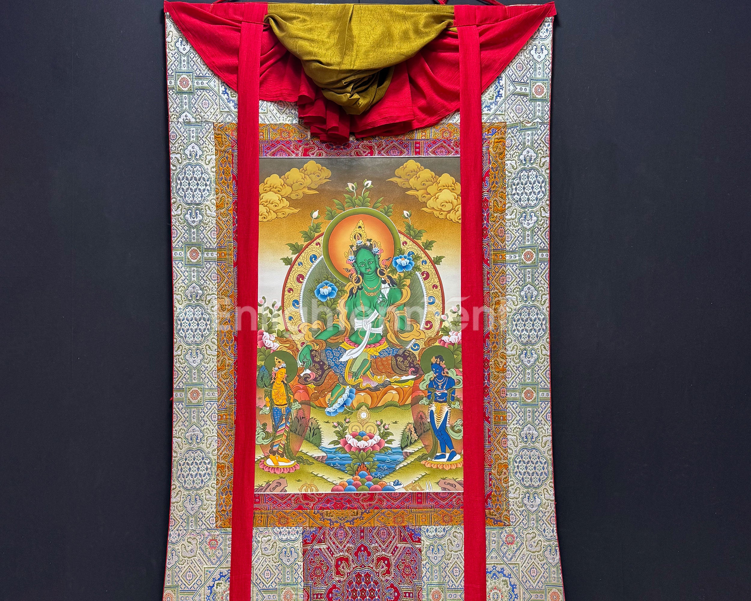 Green Tara with Bodhisattva Artwork | A Beautiful Thangka in Brocade Symbolizing Protection and Compassion