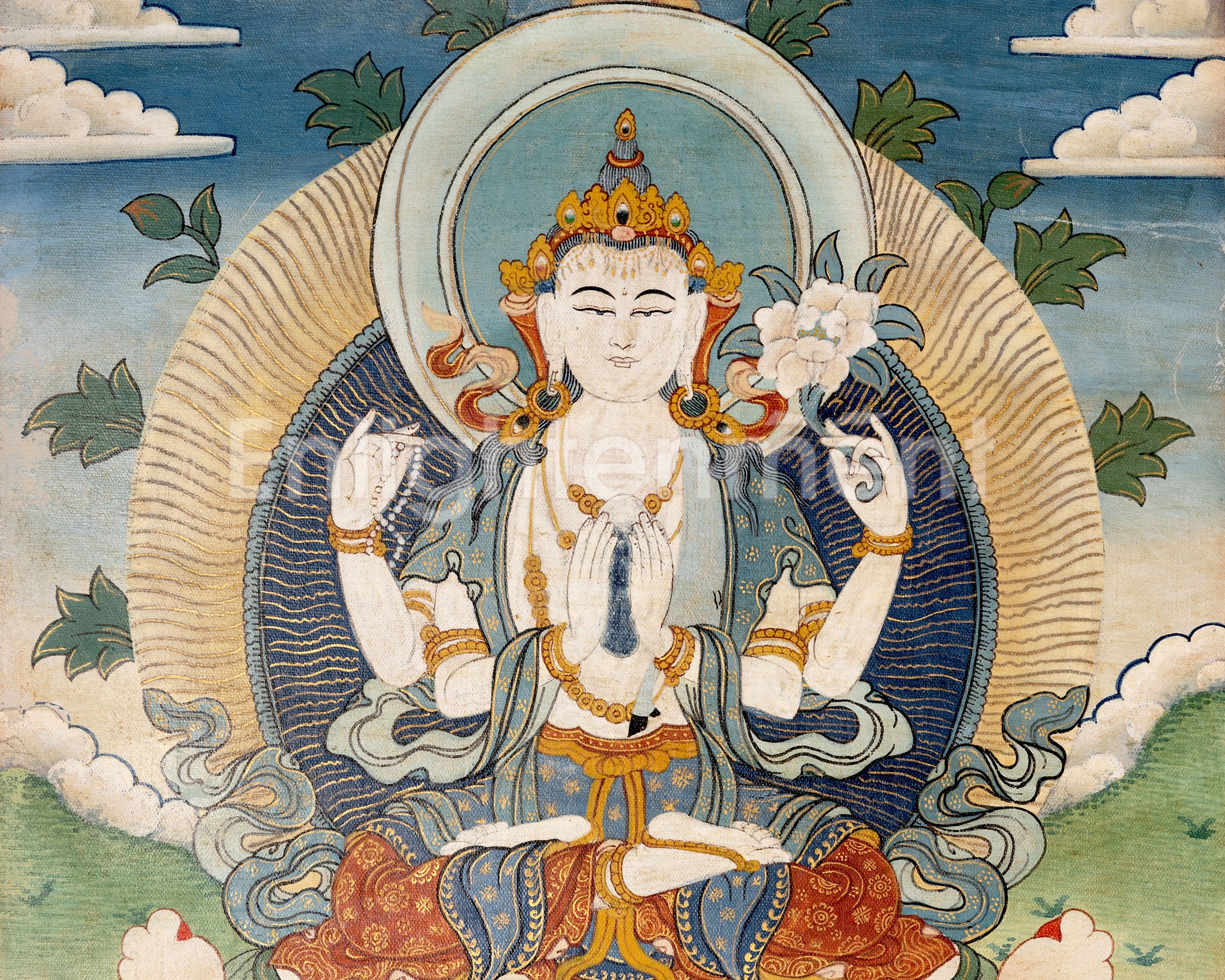 Vintage Four-Armed Chenrezig Thangka | Tibetan Bodhisattva of Compassion