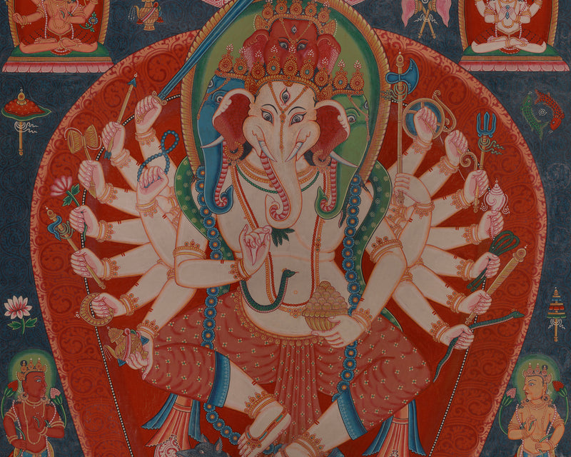 Four Head Ganesha Thangka | Hand-Painted Chaturmukha Ganesha