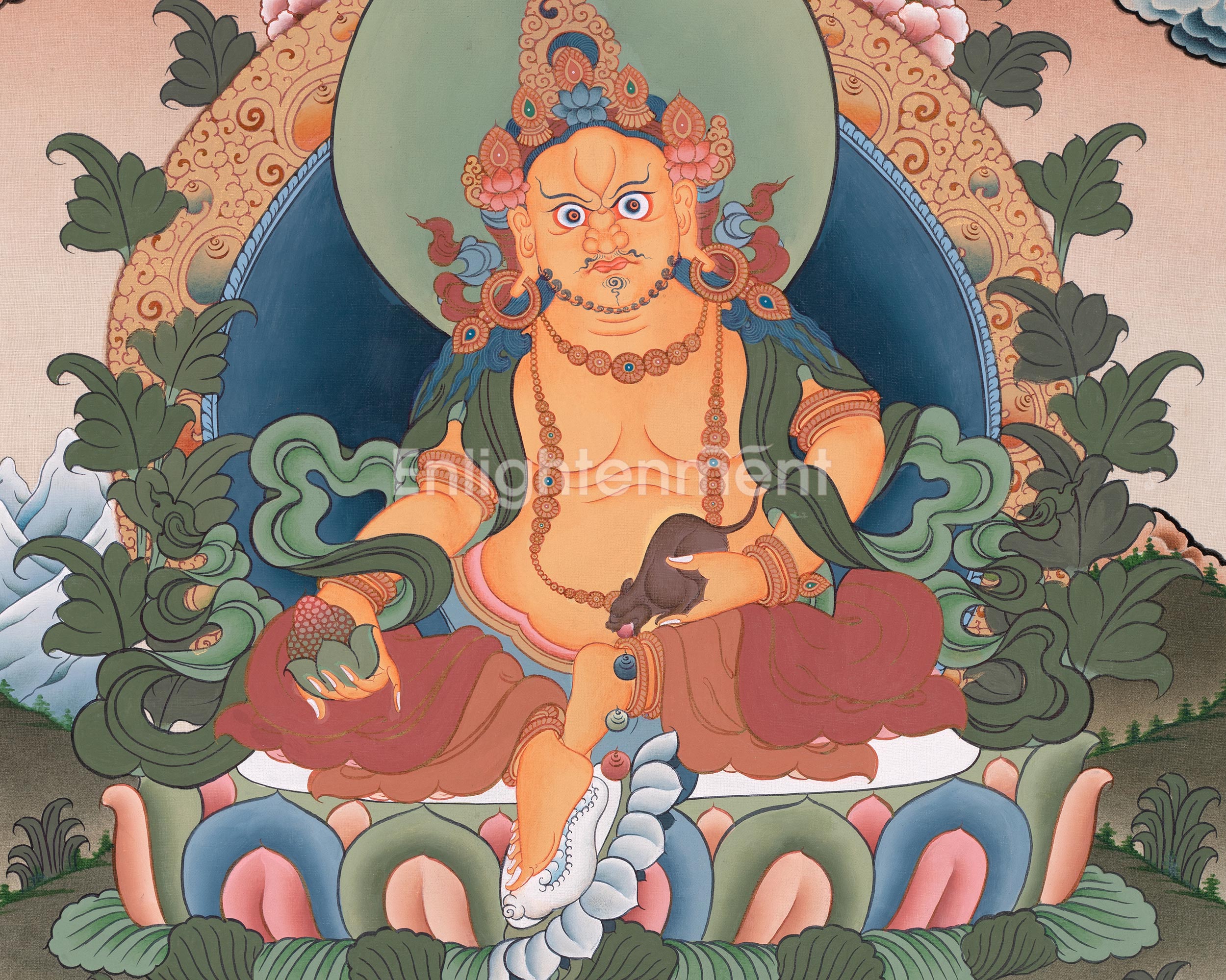 Hand Painted Dzambhala Thangka | Sacred Art for Wealth and Abundance
