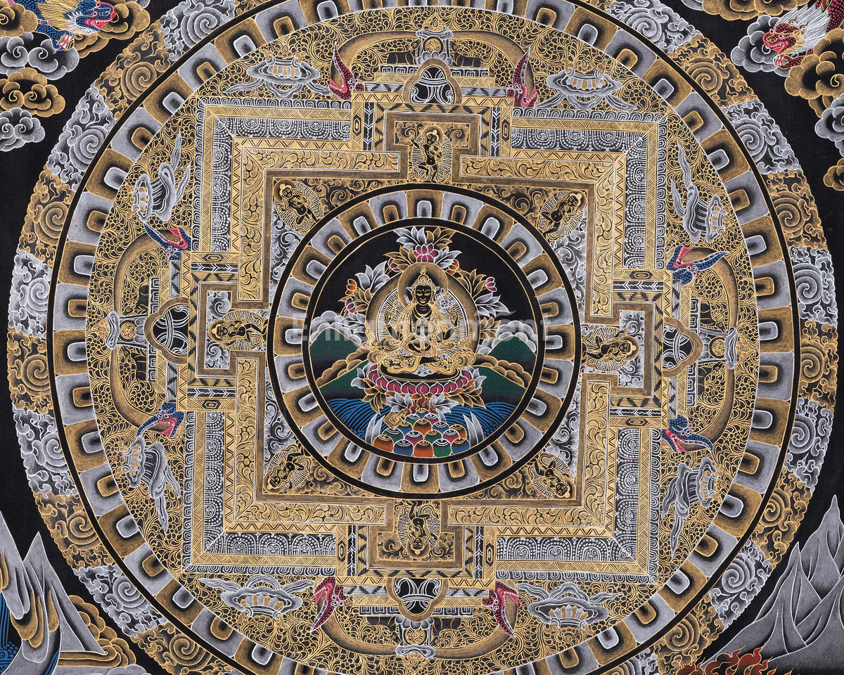 Original Hand Painted Black And Gold Style Chengrezig Mandala Thangka | Tibetan Buddhist Meditation And Yoga Art |