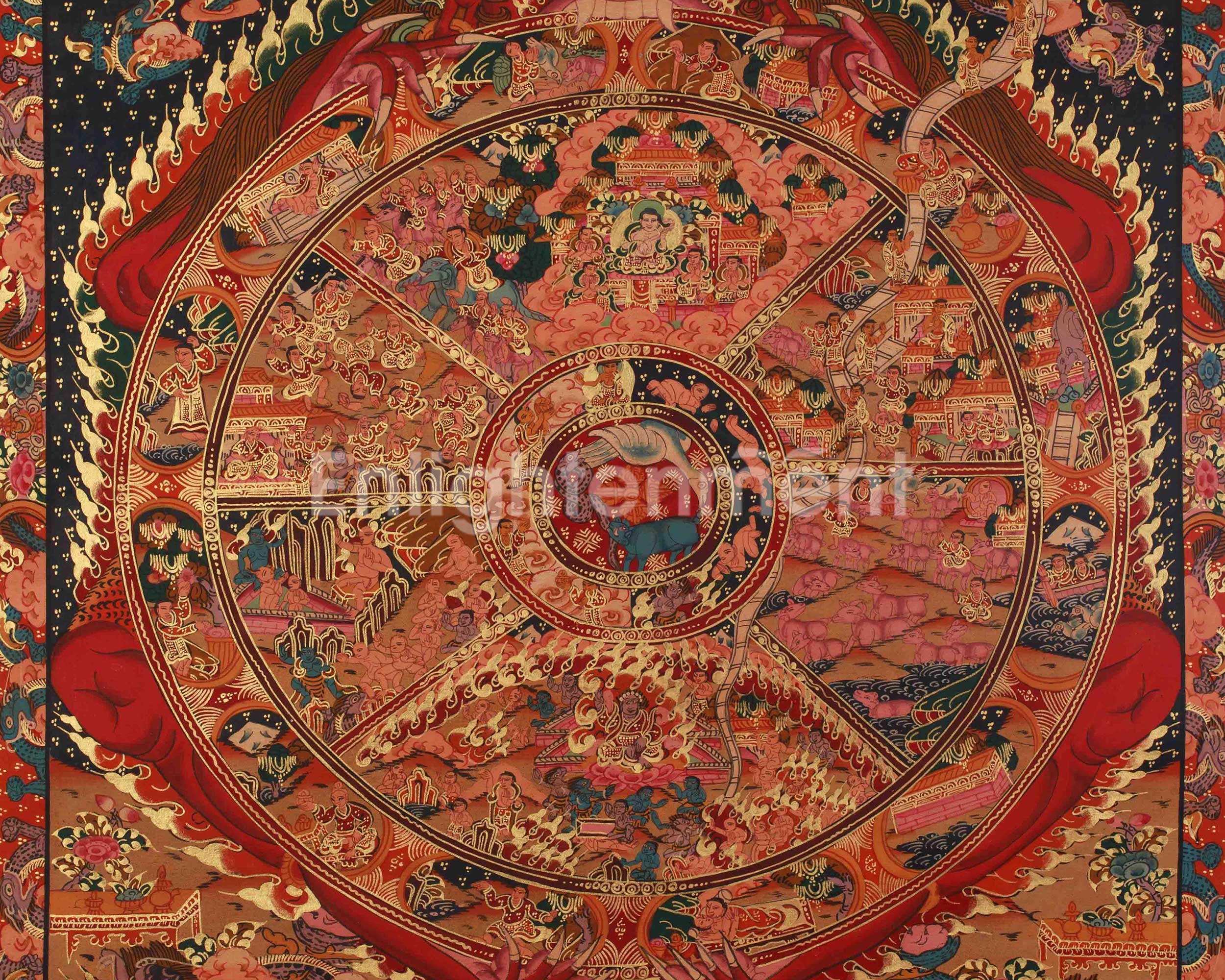 Traditional Bhavachakra Mandala Art | Hand-Painted Wheel of Life Thangka