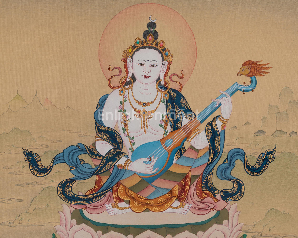 Saraswati Wisdom Deity Thangka | Sacred Tibetan Goddess of Knowledge Artwork