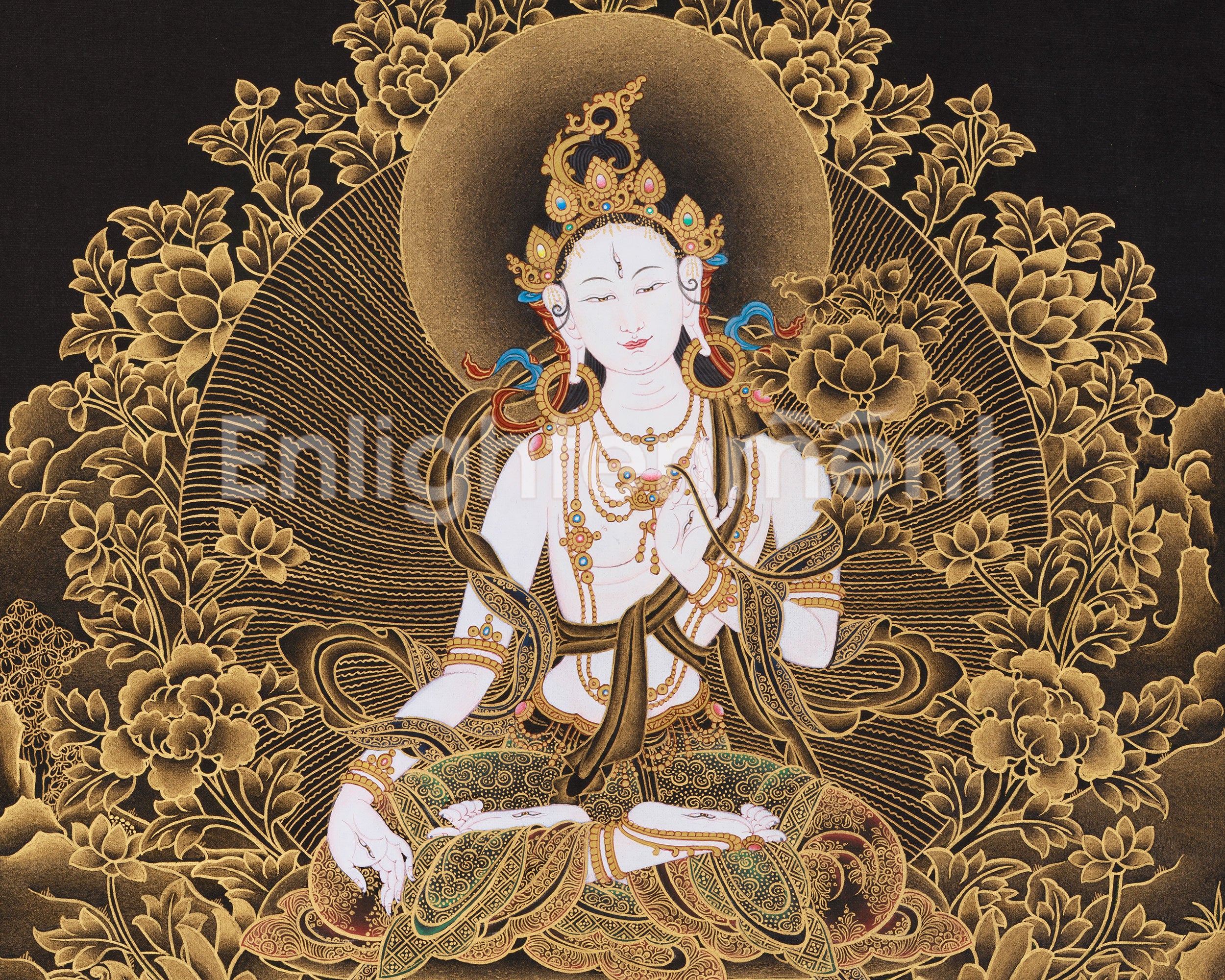 Tibetan White Tara Goddess | Thangka Art of Compassion and Grace