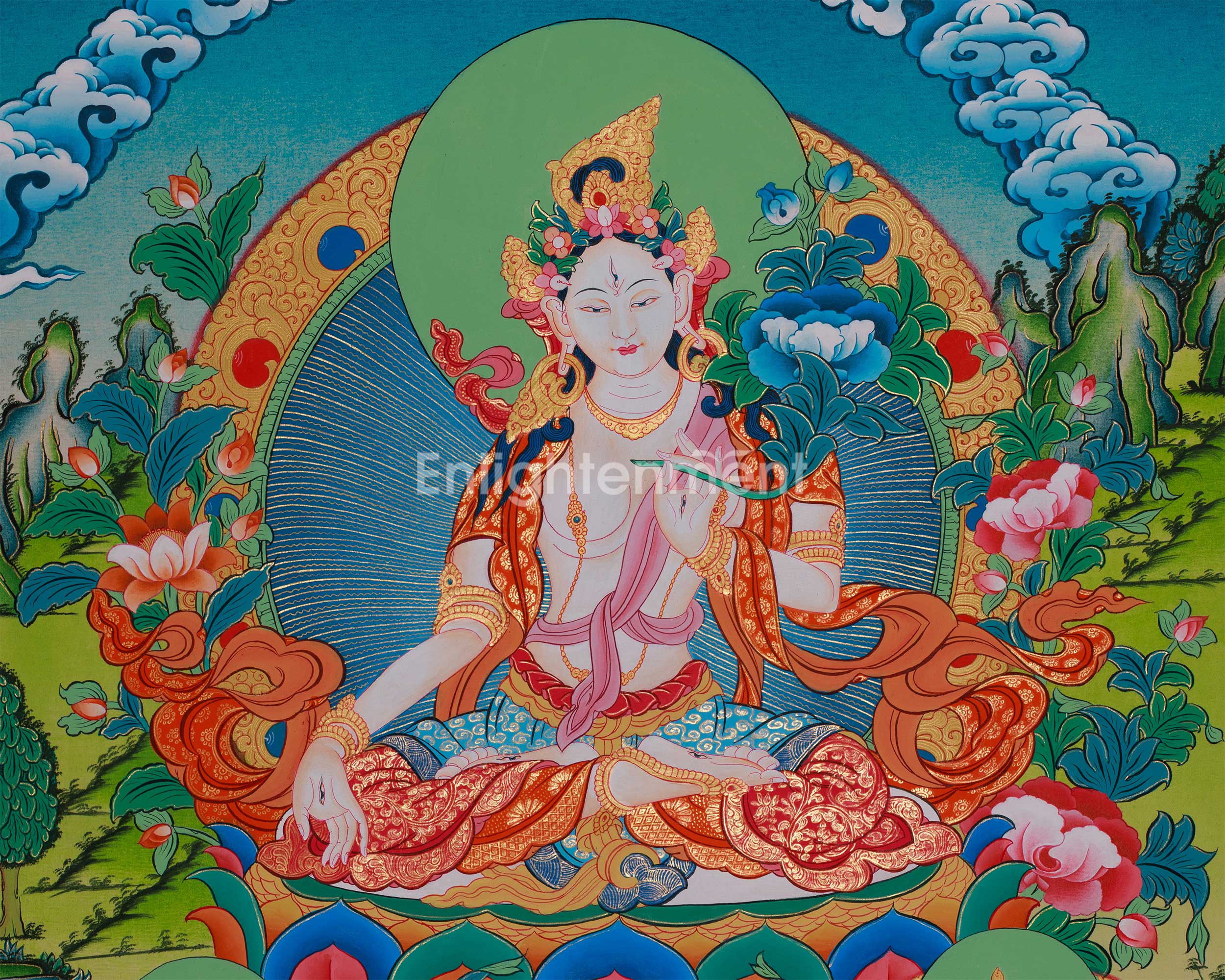 Goddess White Tara with Amitayus Buddha and Namgyalma | Bodhisattva of Longevity