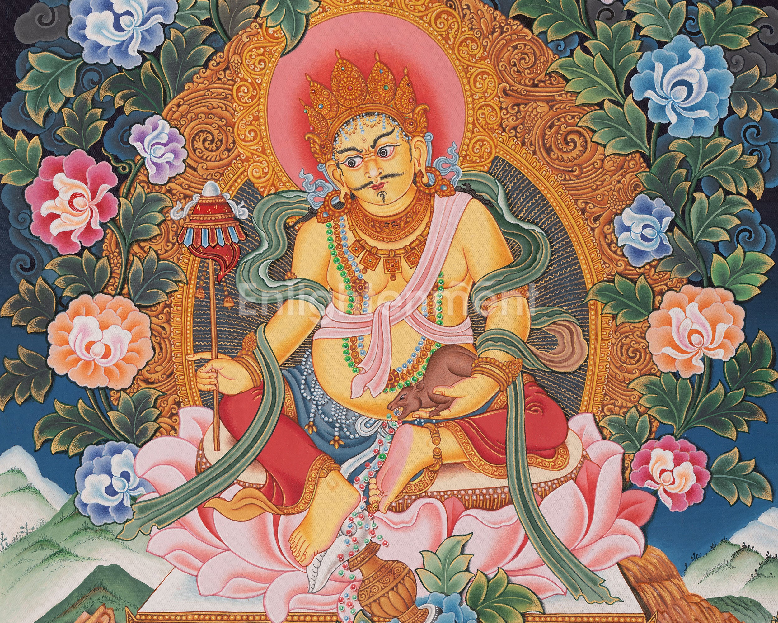 Kubera Thangka | Dzambhala With Mongoose | Original Handpainted Decor