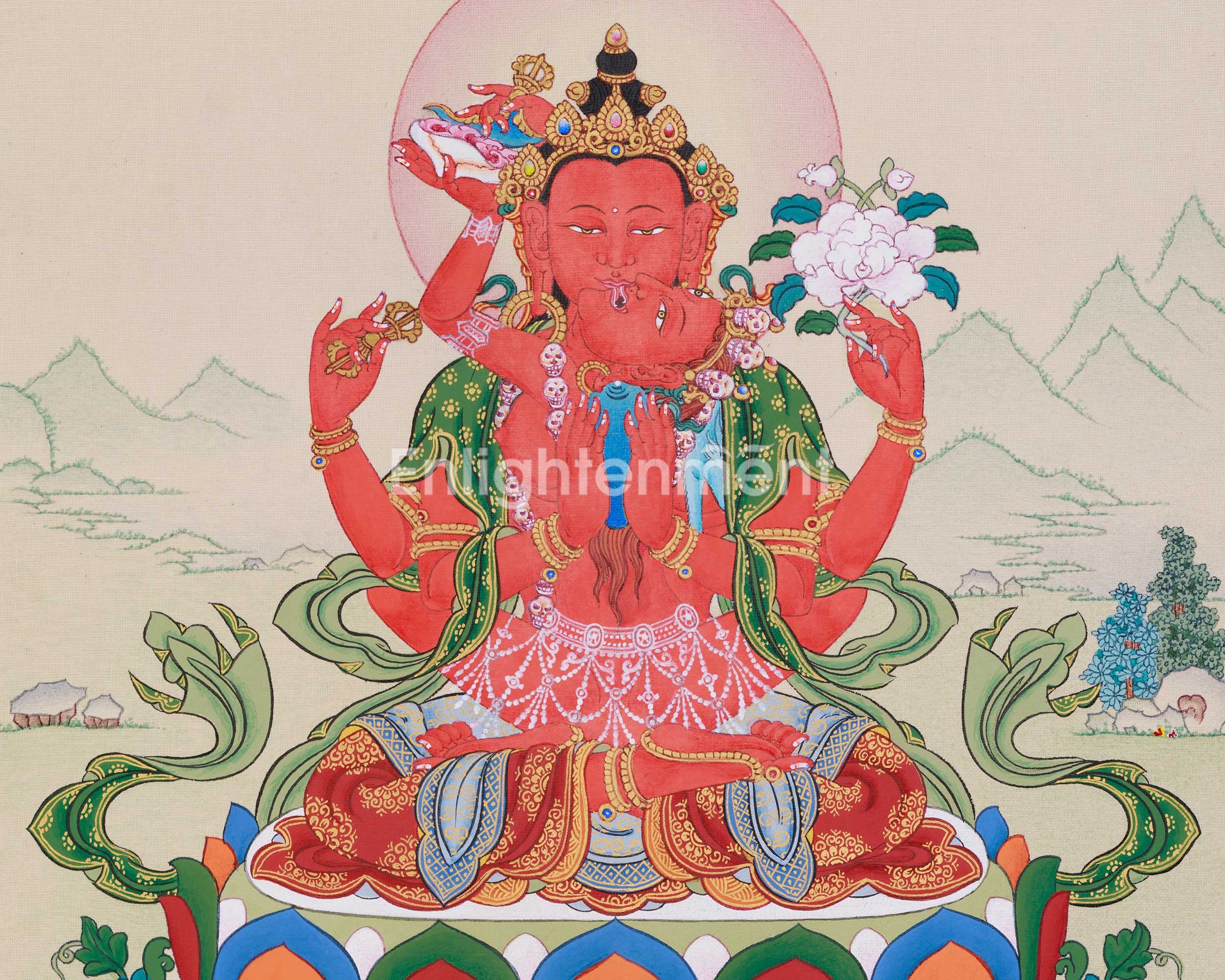 Red Chenrezig Thangka | Gyalwa Gyasto with Consort