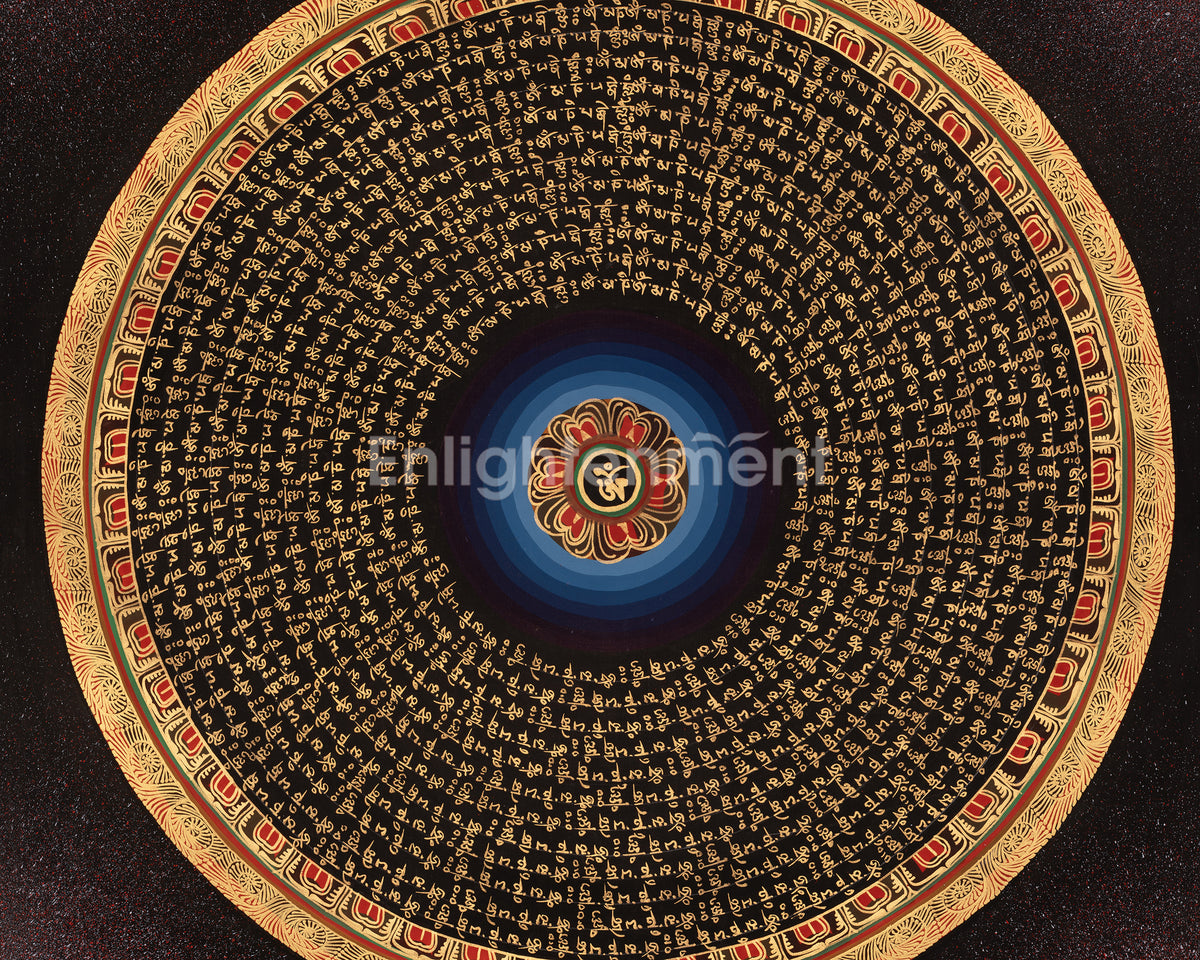 Om Mantra Mandala Thangka | Sacred Tibetan Buddhist Gold-on-Black Painting