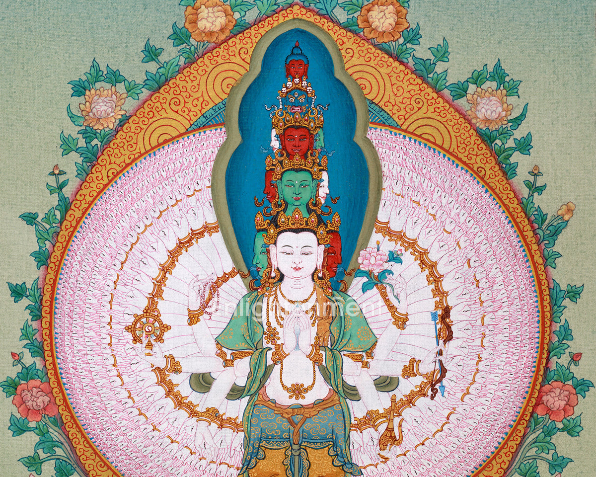 Hand-painted 1000 Armed Avalokiteswor, Lokeswor, Chenrezig, Original Tibetan Thangka Painting with Silk 2024 Brocade