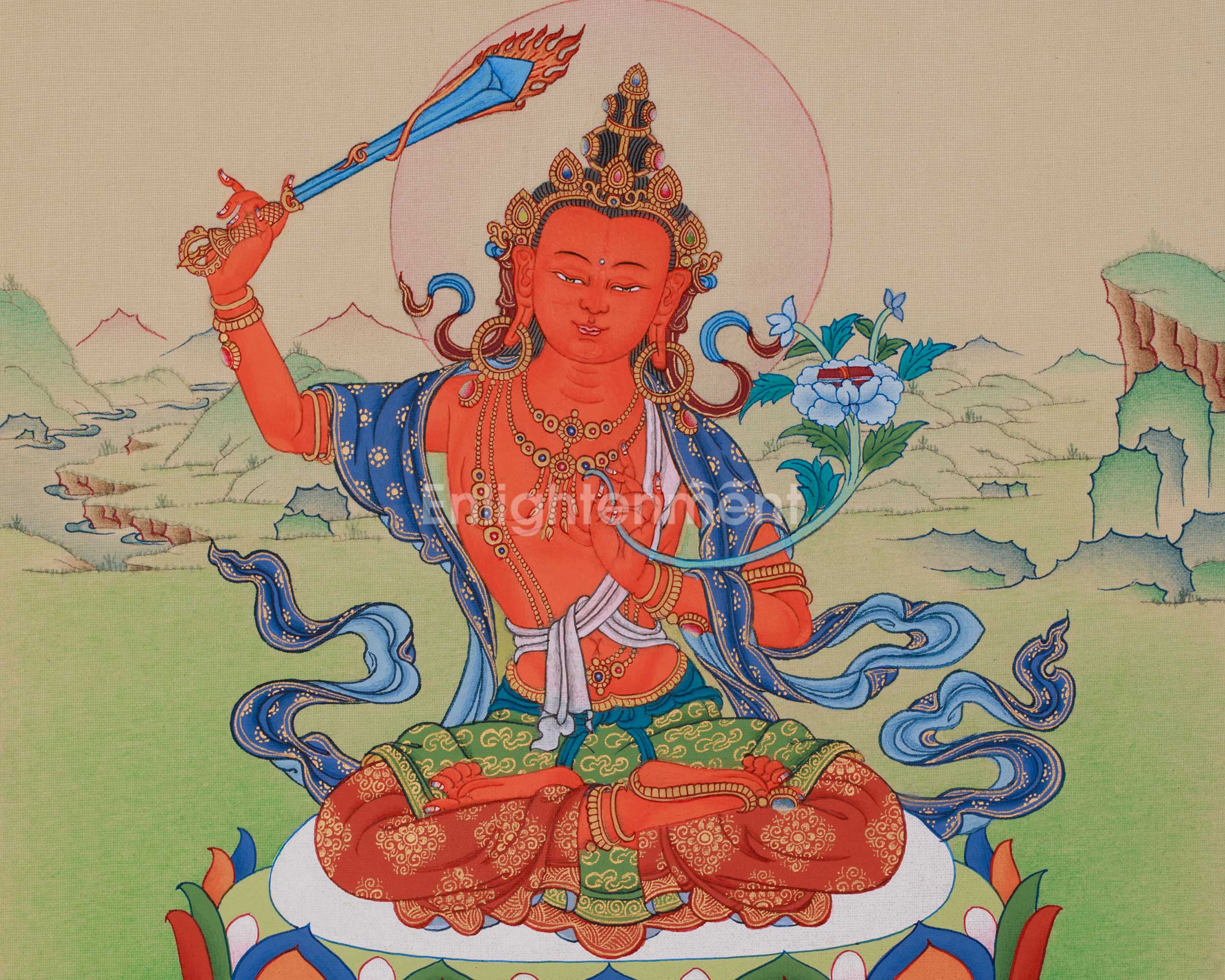 Spiritual Thangka Of Manjushri | Bodhisattva Art | Meditation Altar