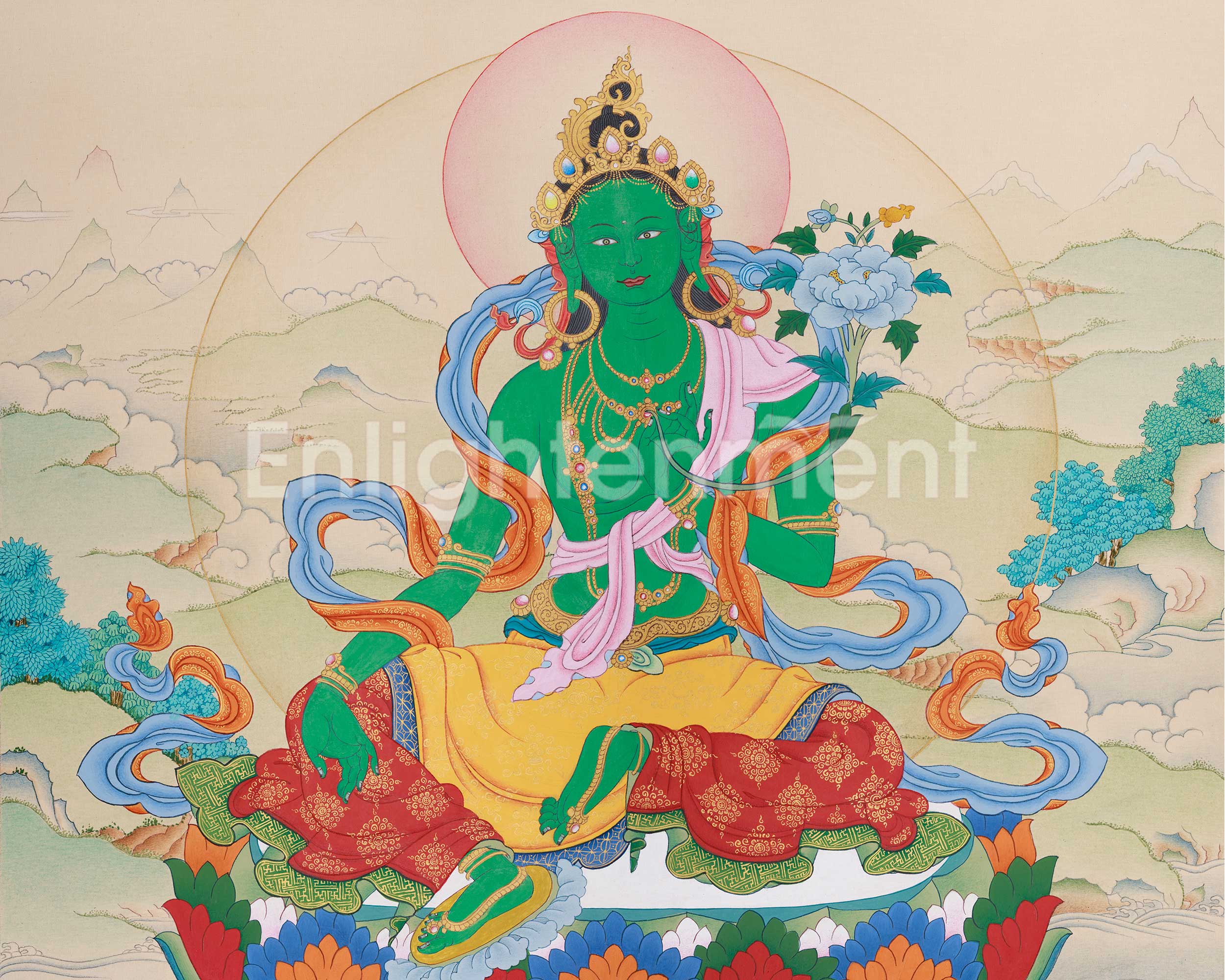 Female Buddha, Green Tara Painting | Compassionate Goddess of Liberation