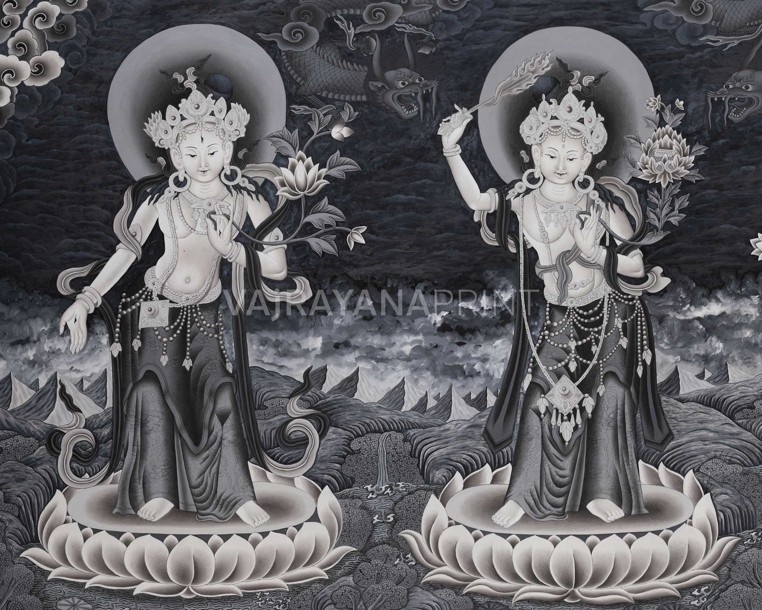 White Tara, Manjushri and Green Tara Standing Thangka Print | Newari Style Print