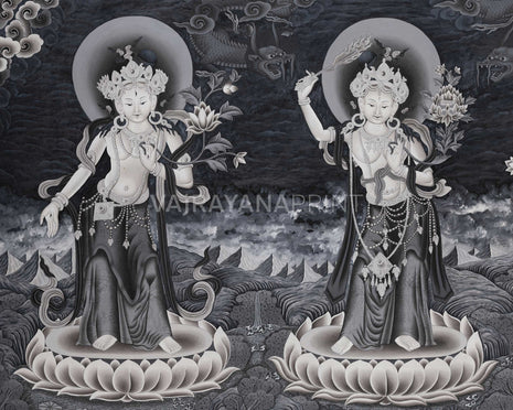 White Tara, Manjushri and Green Tara Standing Thangka Print | Newari Style Print