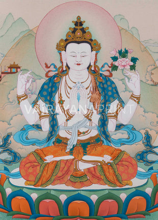 4 Armed Avalokiteshvara Thangka Print | Bodhisattva Avalokiteshvara With Buddha Amitabha