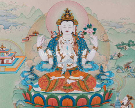 4 Armed Avalokiteshvara Thangka Print | Bodhisattva Avalokiteshvara With Buddha Amitabha