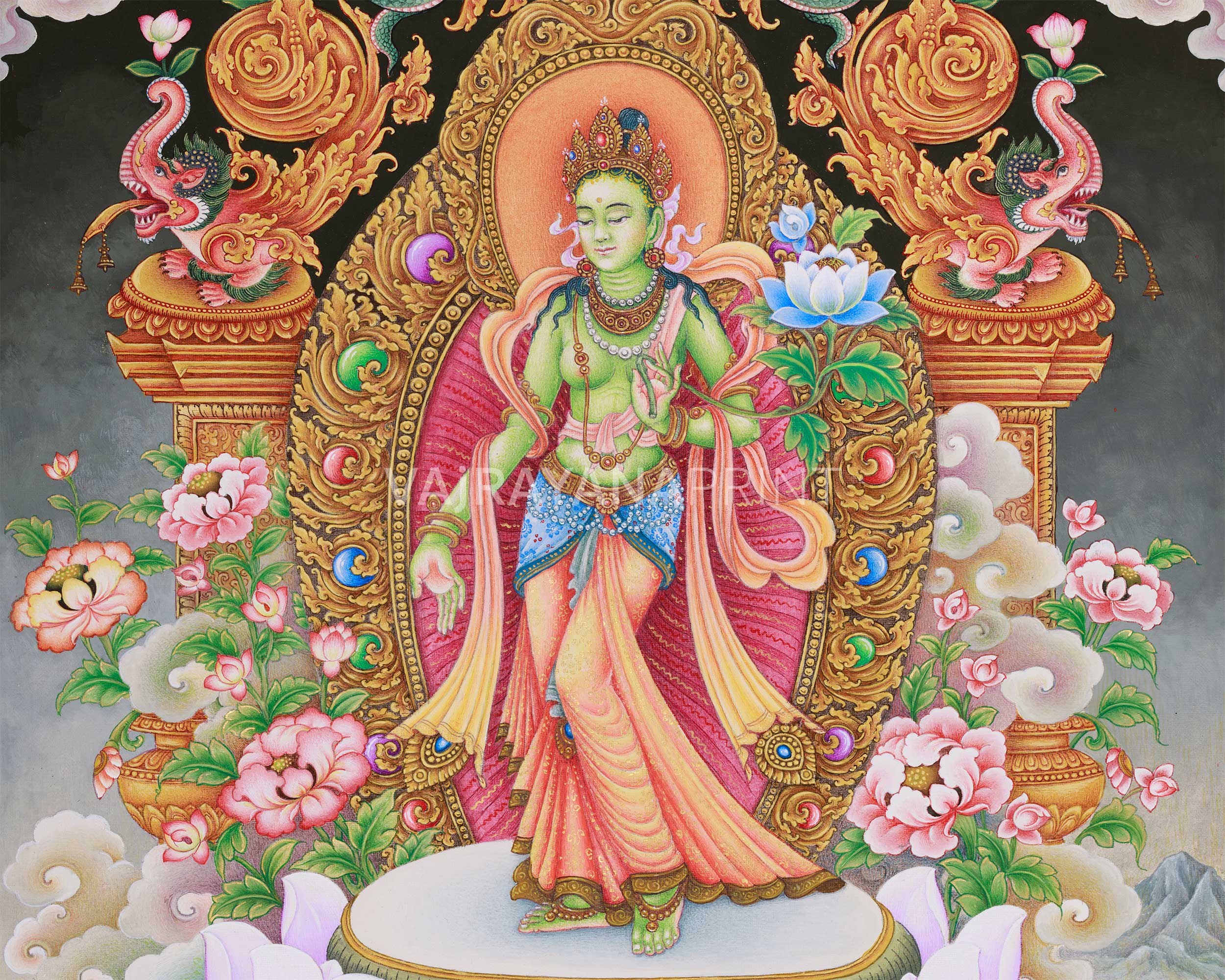 Elegant Standing Green Tara Print | Paubha Style Goddess Tara | The Saviouress of Tibet