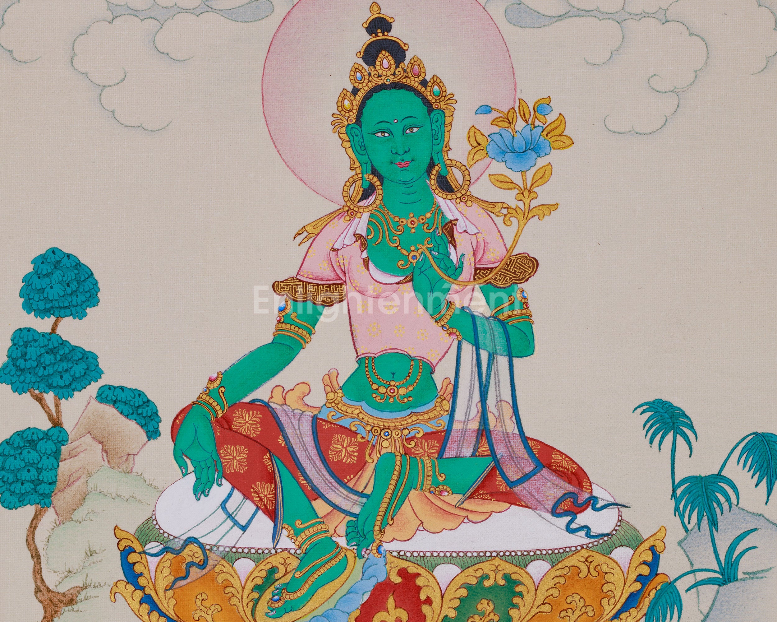 Radiant Arya Tara Thangka Embellished with Natural Stones