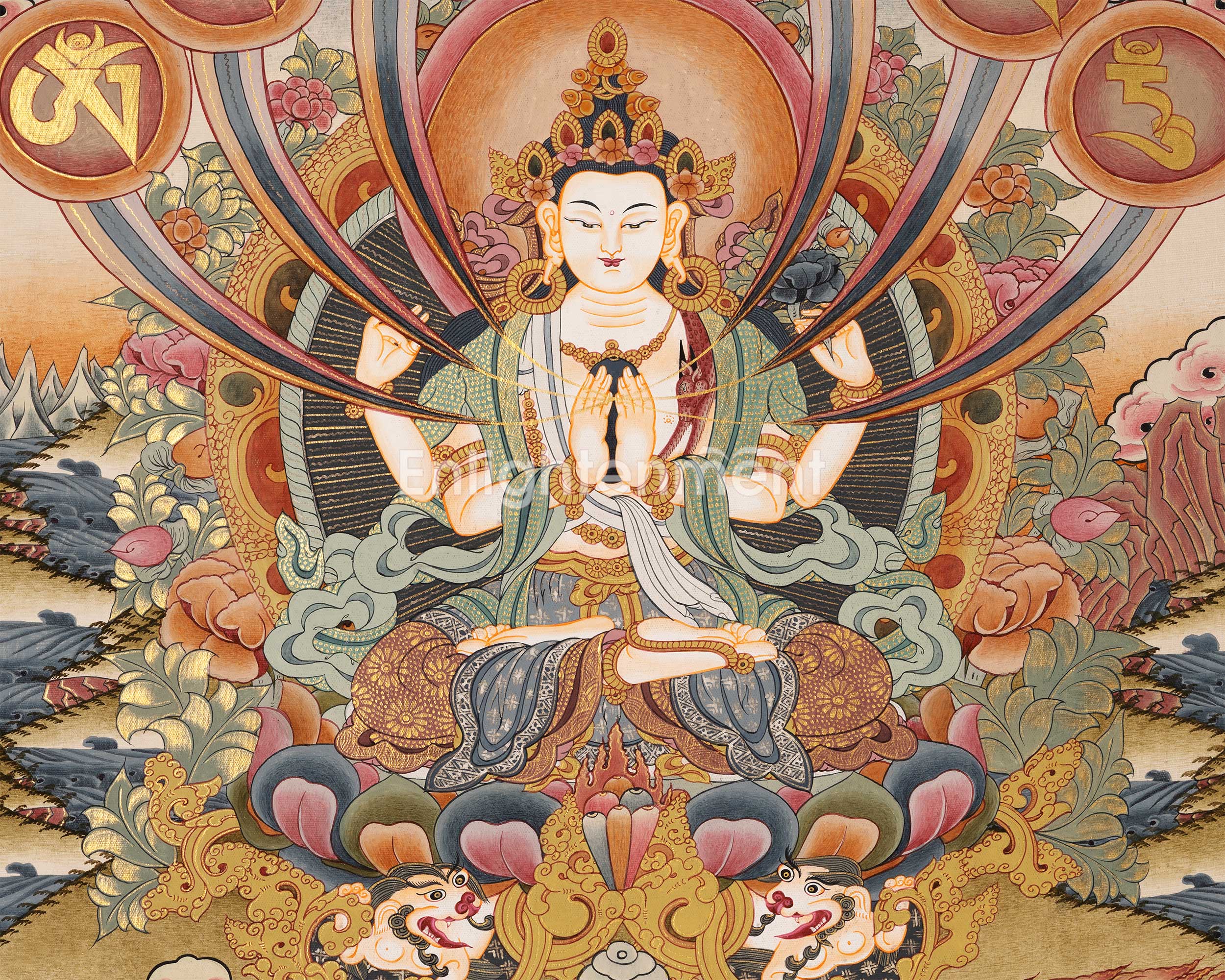 Thangka of Avalokiteshvara with Mantra | Featuring Manjushri and Vajrapani