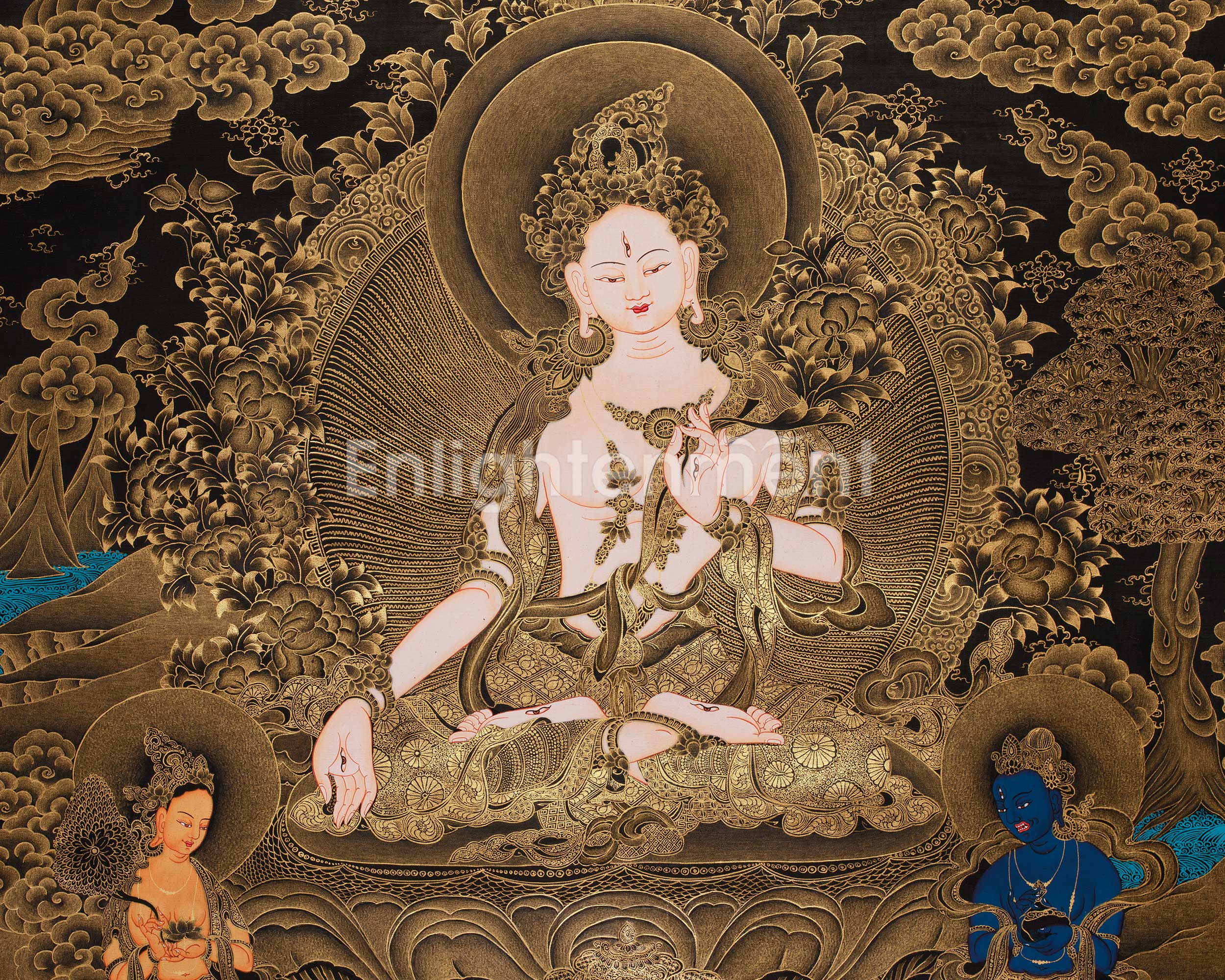 Golden Glow White Tara Female Buddha Thangka | A Testament to Spiritual Grandeur