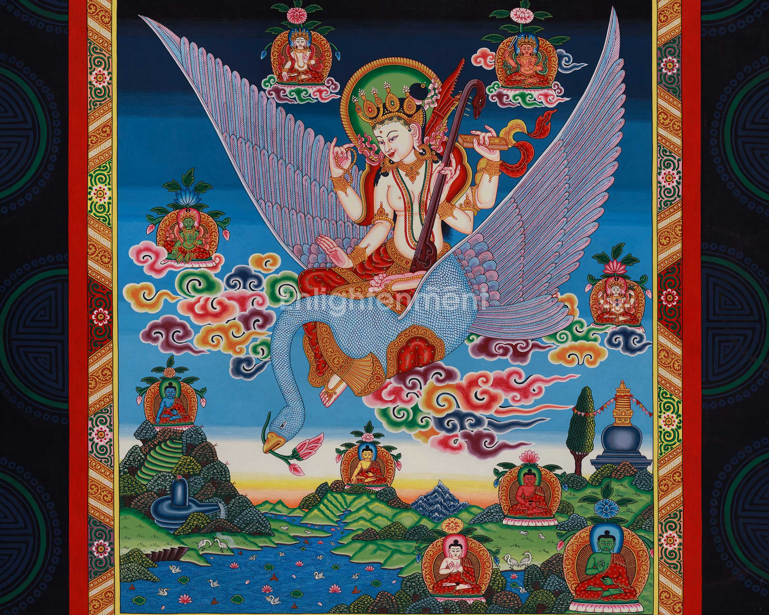 Goddess Saraswati Thangka | Sacred Art for Knowledge and Meditation