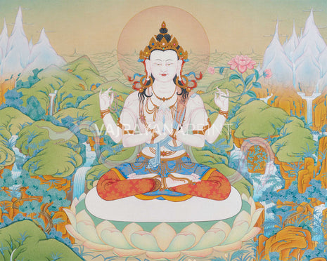 Four-Armed Chenresig Thangka Print for Divine Wisdom | Bodhisattva Of Compassion