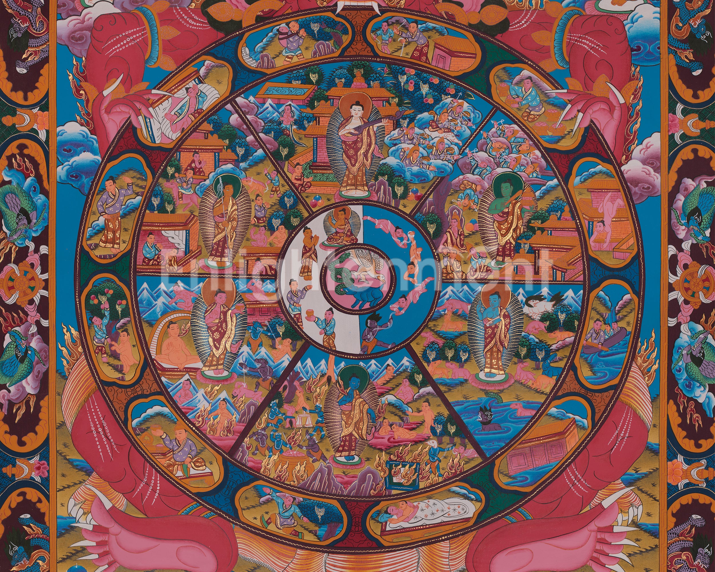 Divine Bhavachakra Thangka | Wheel of Life Artwork of Karma and Rebirth