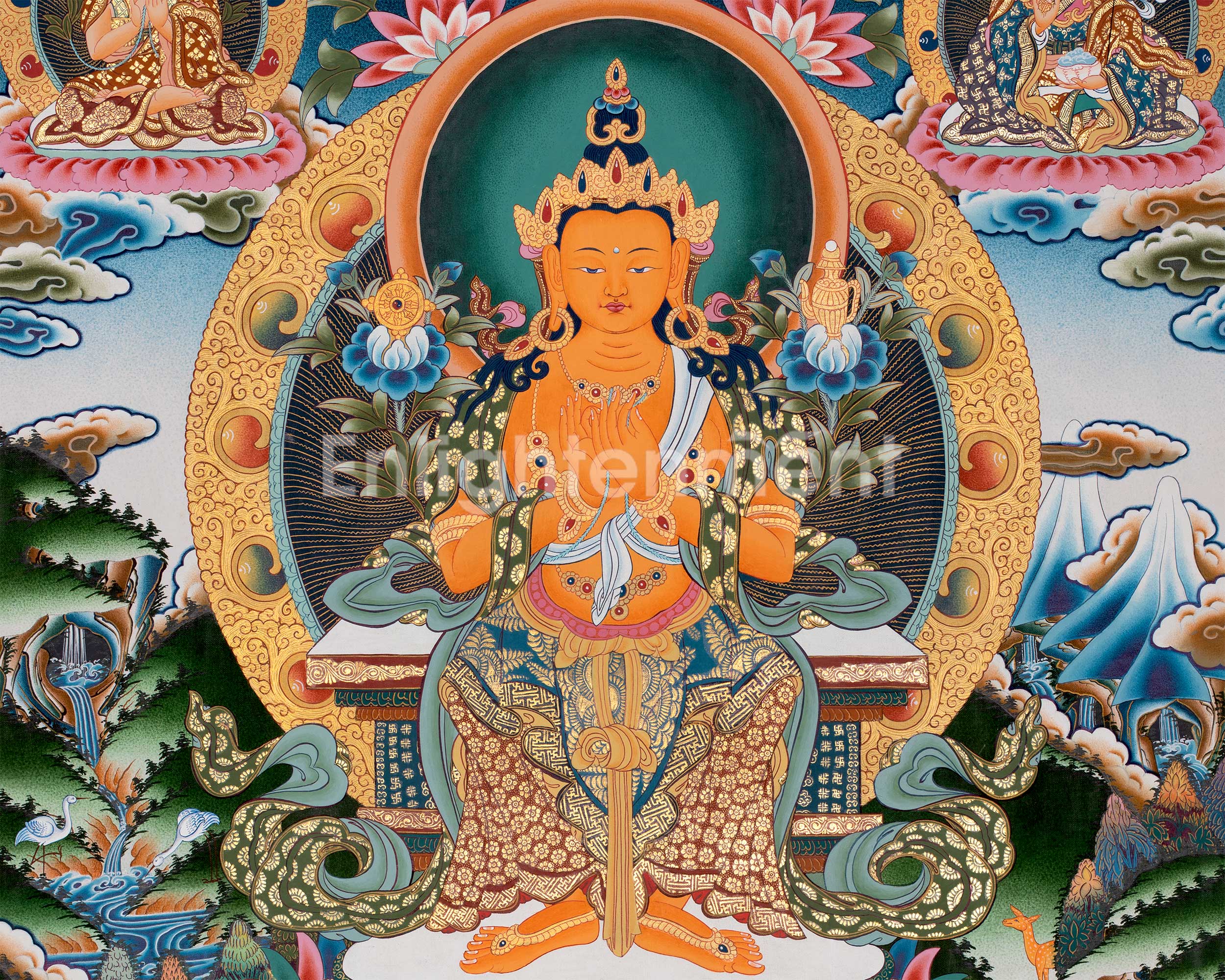 Maitreya Buddha Thangka Featuring Tsongkhapa, Guru Rinpoche, Green Tara & White Tara