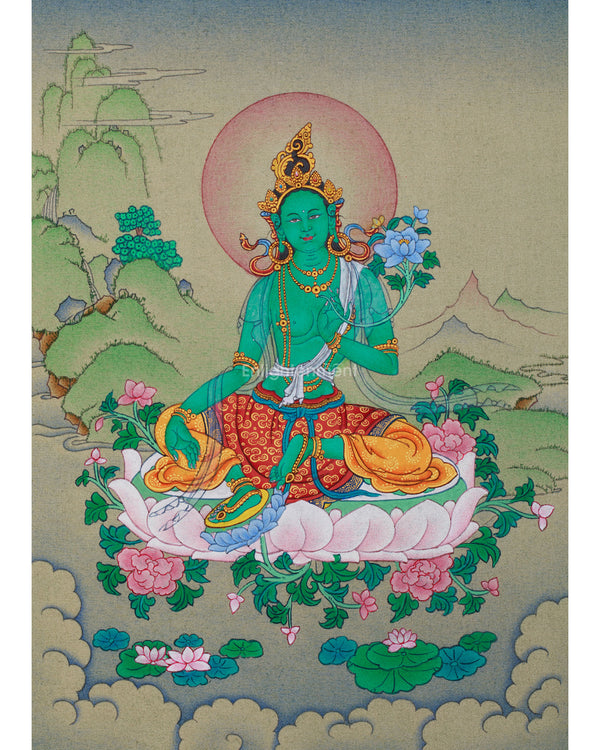 Green Tara: Small but Detailed Thangka in Lhasa Stone Colors