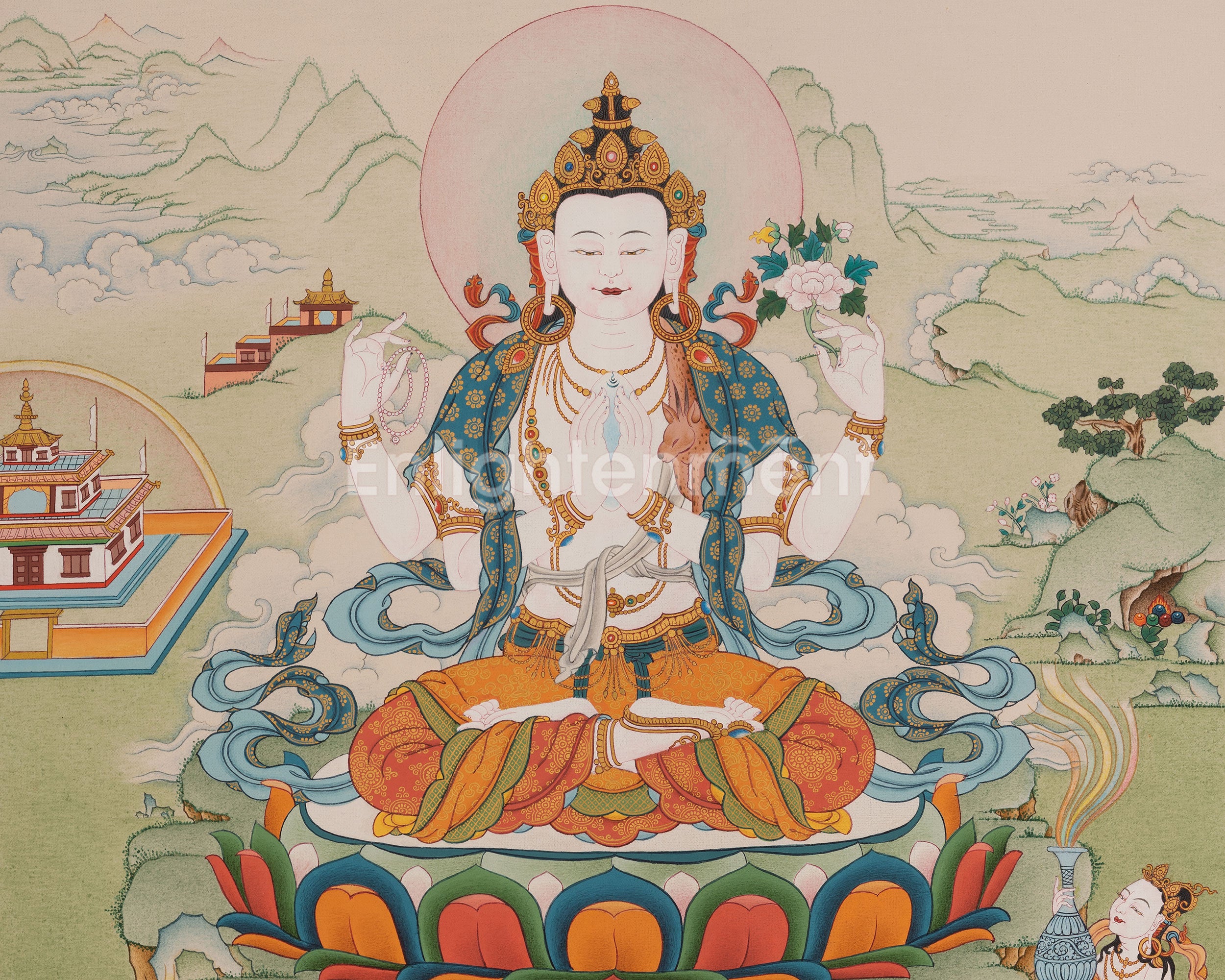 Buddha of Compassion Chenrezig Thangka | Divine Mercy and Enlightened Presence