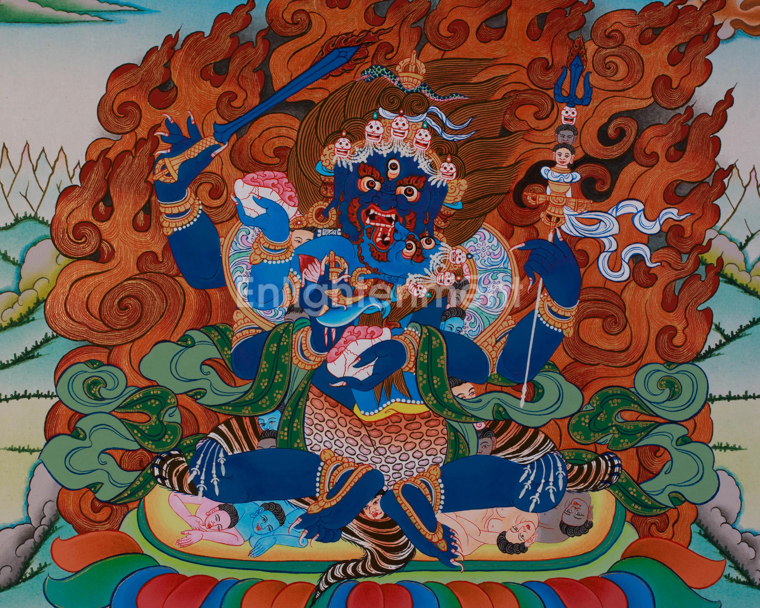 Four Armed Mahakala Thangka With Consort | Wrathful Dharmapala Wall Art
