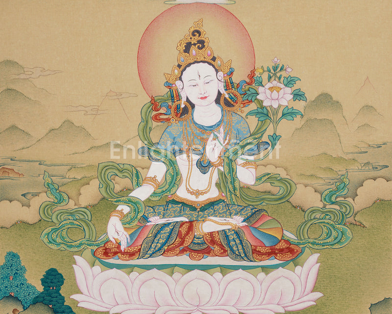 Goddess White Tara With Amitabha Thangka |  Healing, Longevity and Spiritual Protection