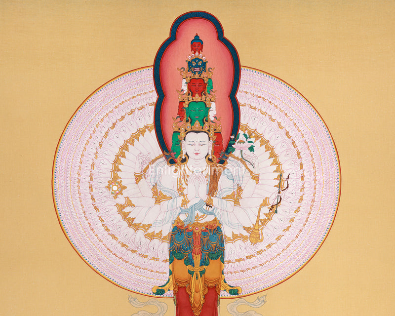 Om Mani Padme Hum: Avalokiteshvara Thangka | Bodhisattva Lokeswor Canvas with Opulent 24K Gold