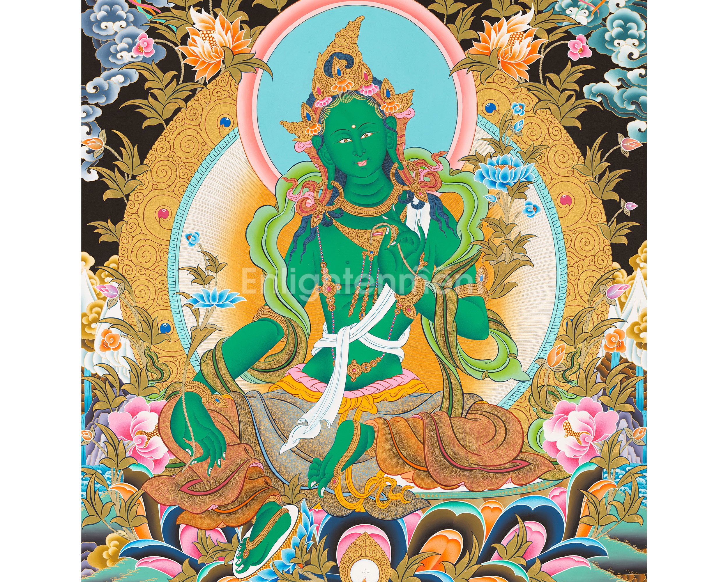 Goddess Green Tara Thangka | Cotton Canvas Hand Painting | Religous Wall Decor