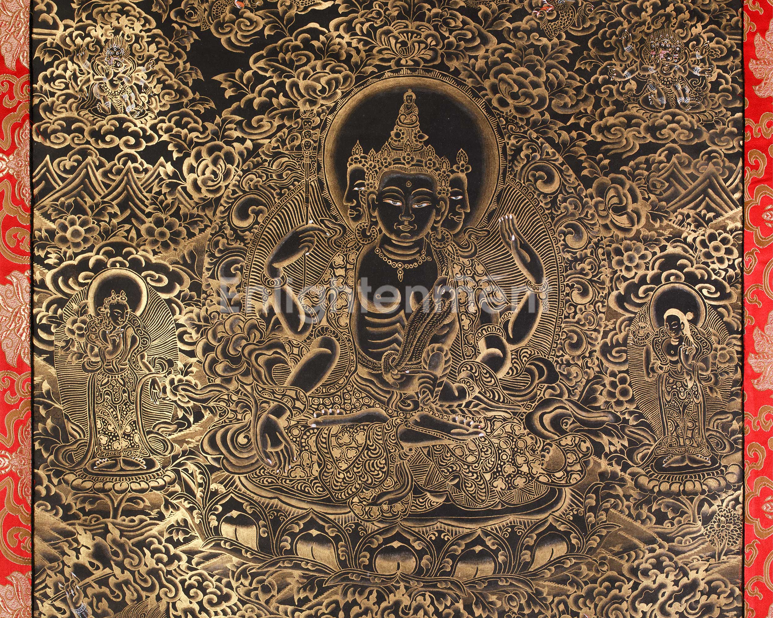 Unique Gold-Embellished lokeswara Thangka | Brocade Mounted