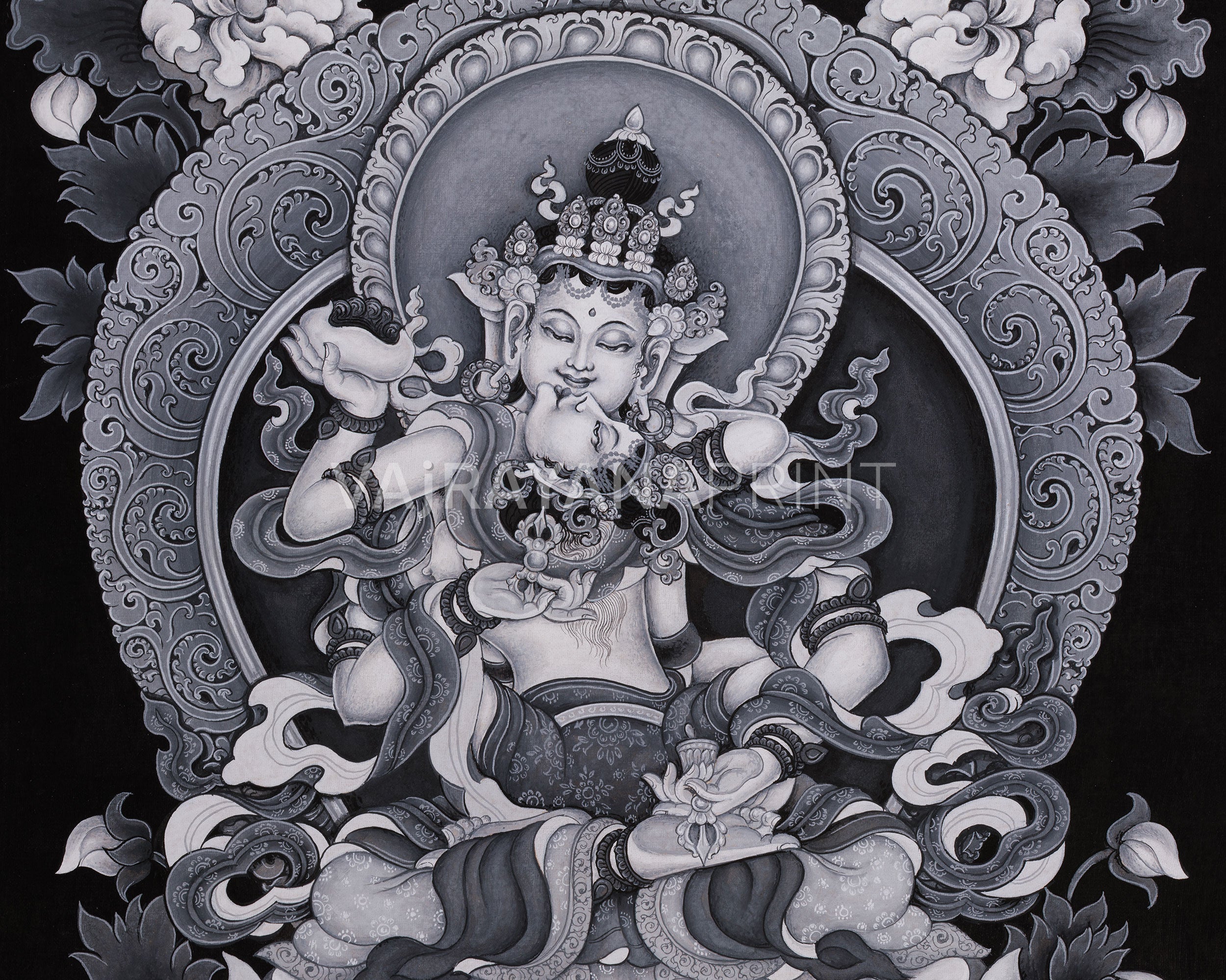 Vajrasattva with Consort Paubha Art | Black and White Print for Purification & Wisdom