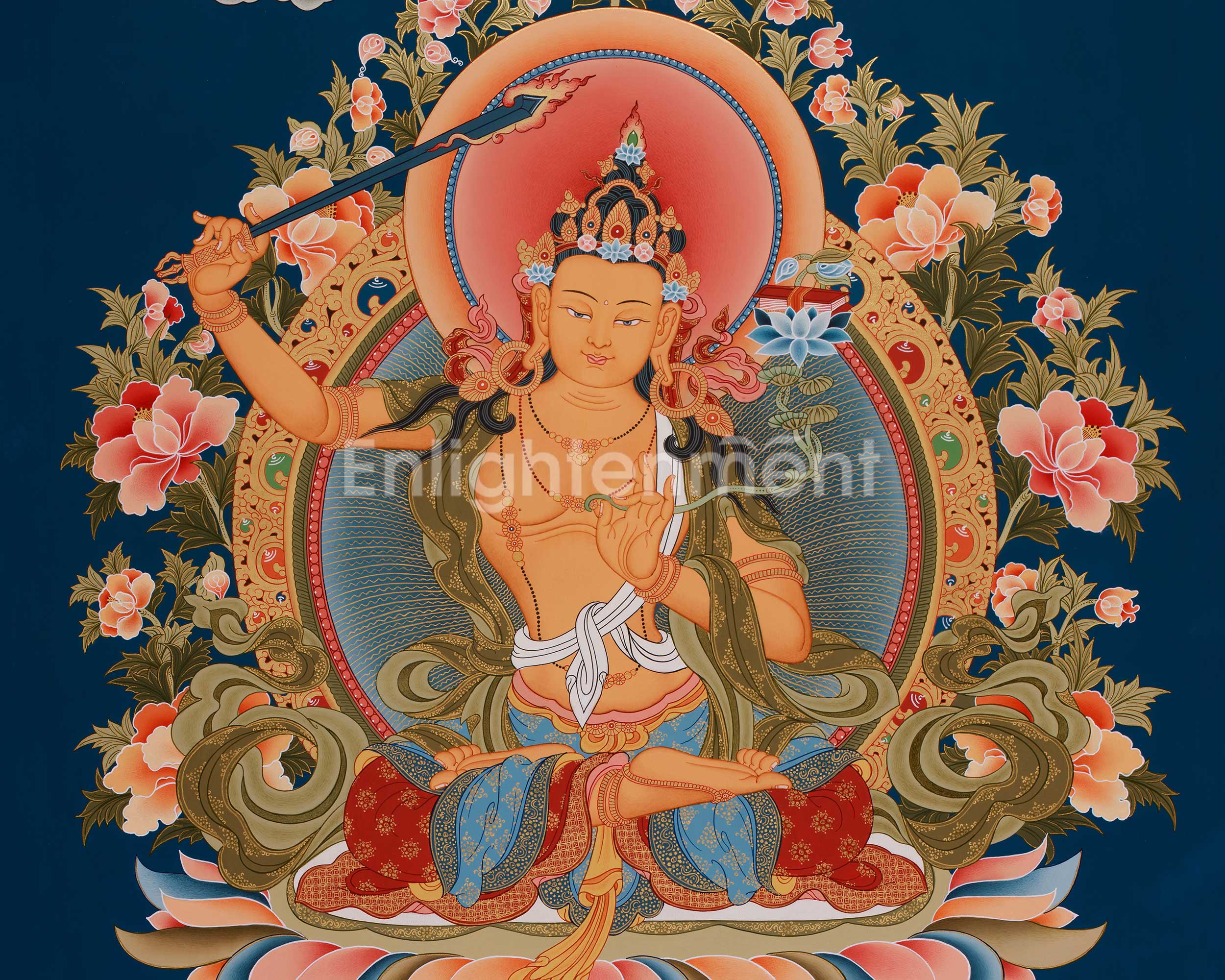 Hand-Painted Bodhisattva Manjushree Thangka | Large Buddhist Artwork of Wisdom Buddha