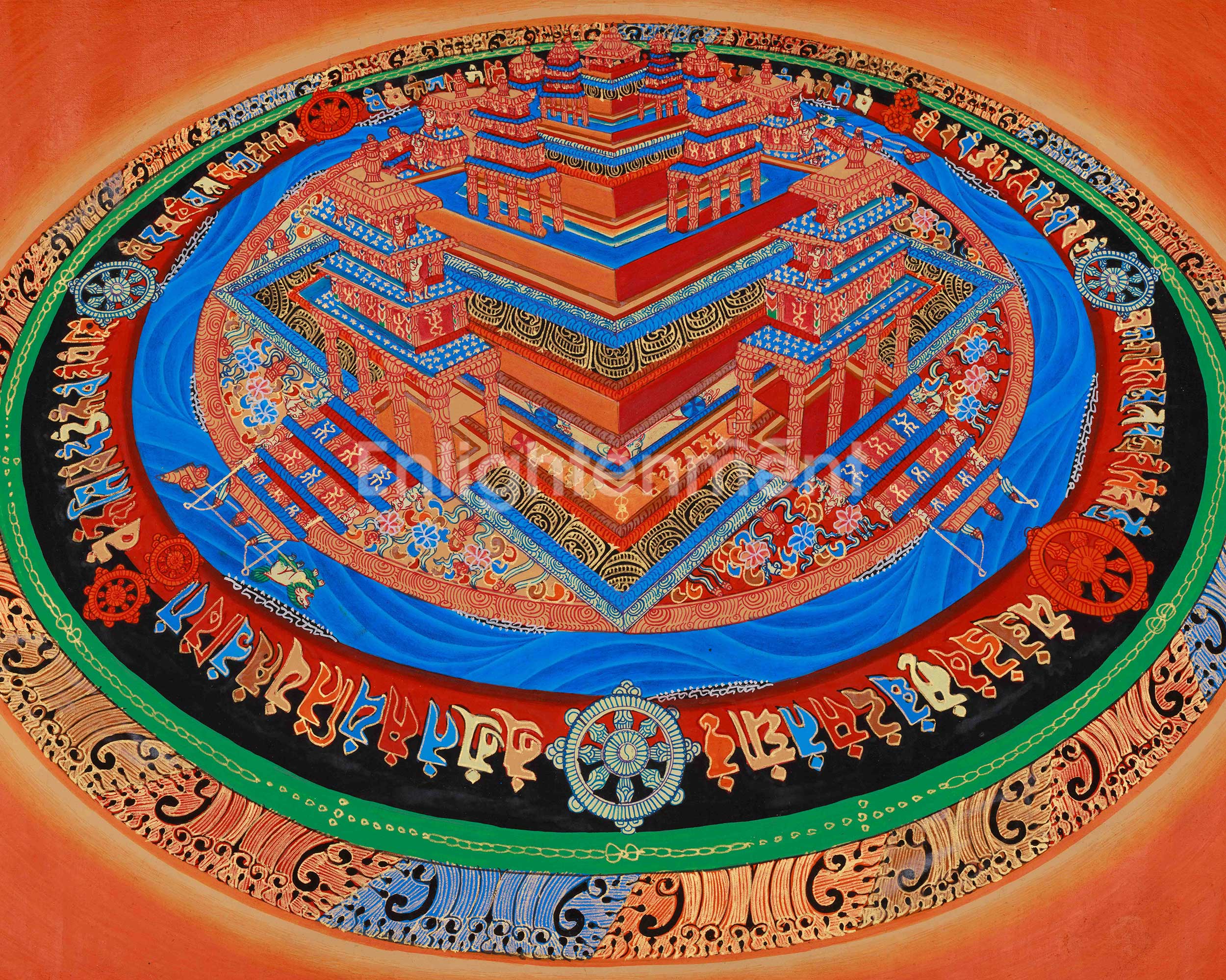 Three-Dimensional Kalachakra Mandala | Hand-Painted Wheel of Time Thangka