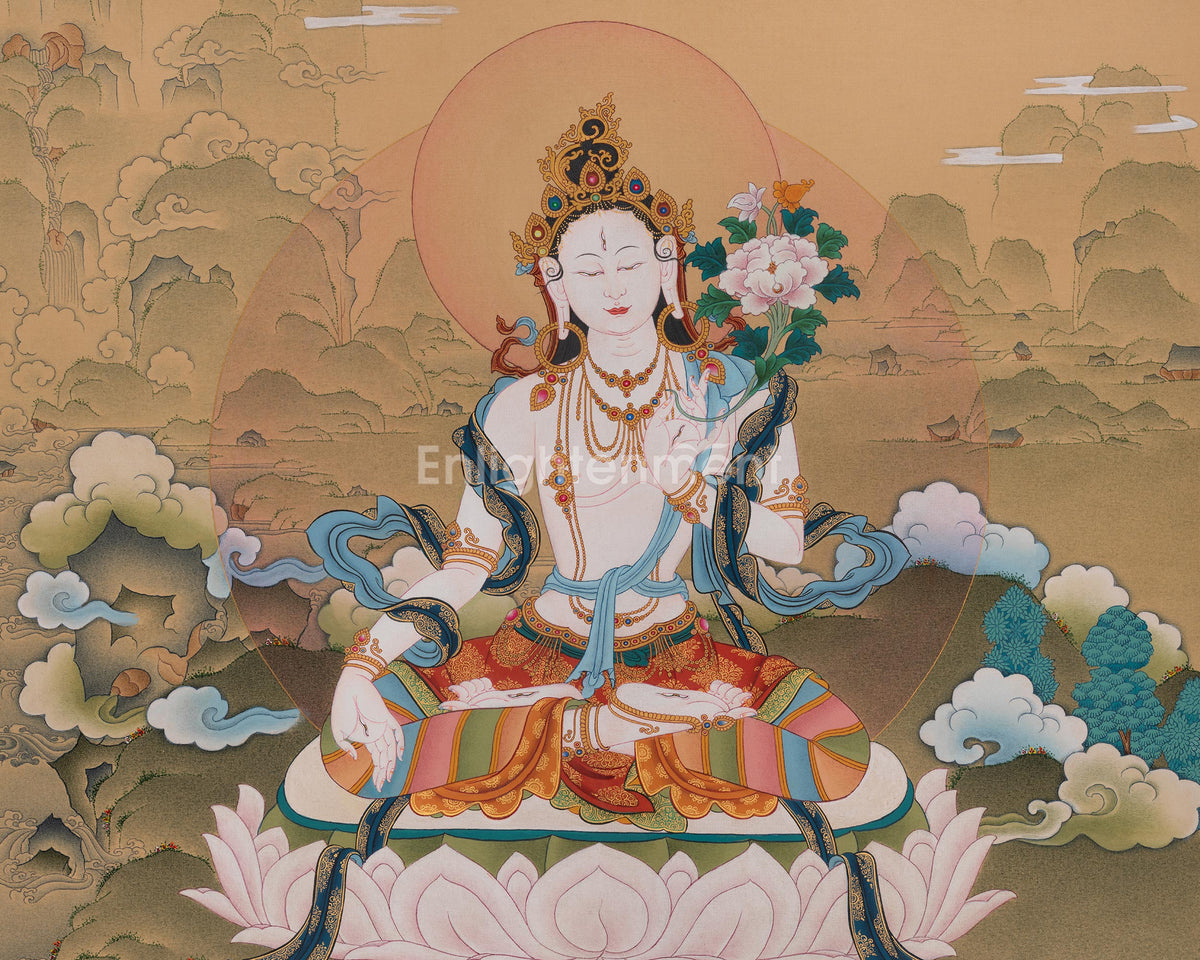 White Tara Goddess Thangka Painting | Drolkar Artwork | Seven Eyes Deity