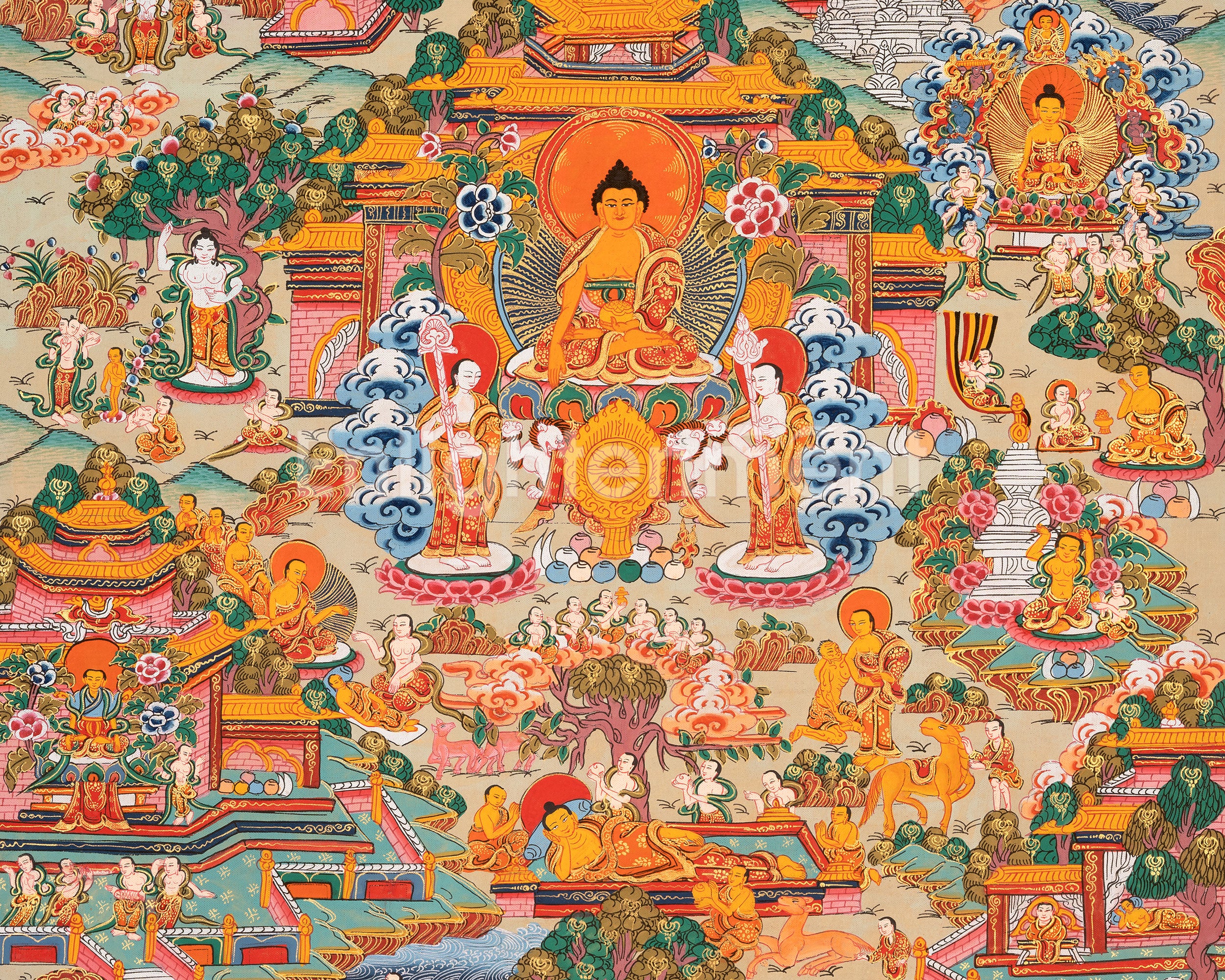 Vintage Buddha Life Thangka | Shakyamuni Buddha Story Thangka for Meditation