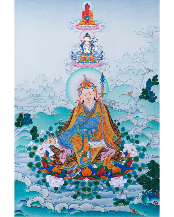 Guru Rinpoche with Chenrezig and Amitabha | Buddha Of Vajrayana  | Thangka