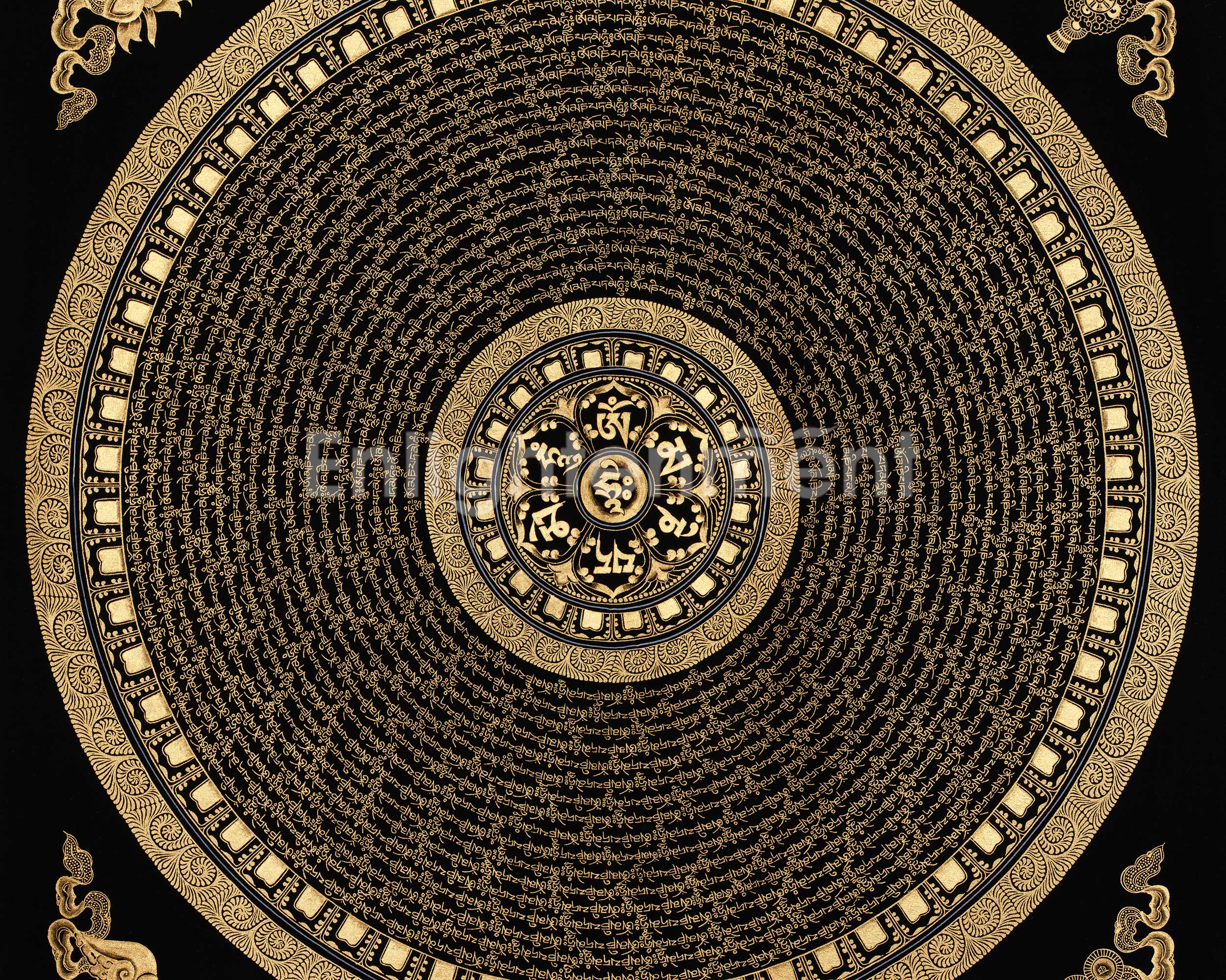 Black and Gold Mantra Mandala | Hand-Painted 24K Gold Tibetan Thangka