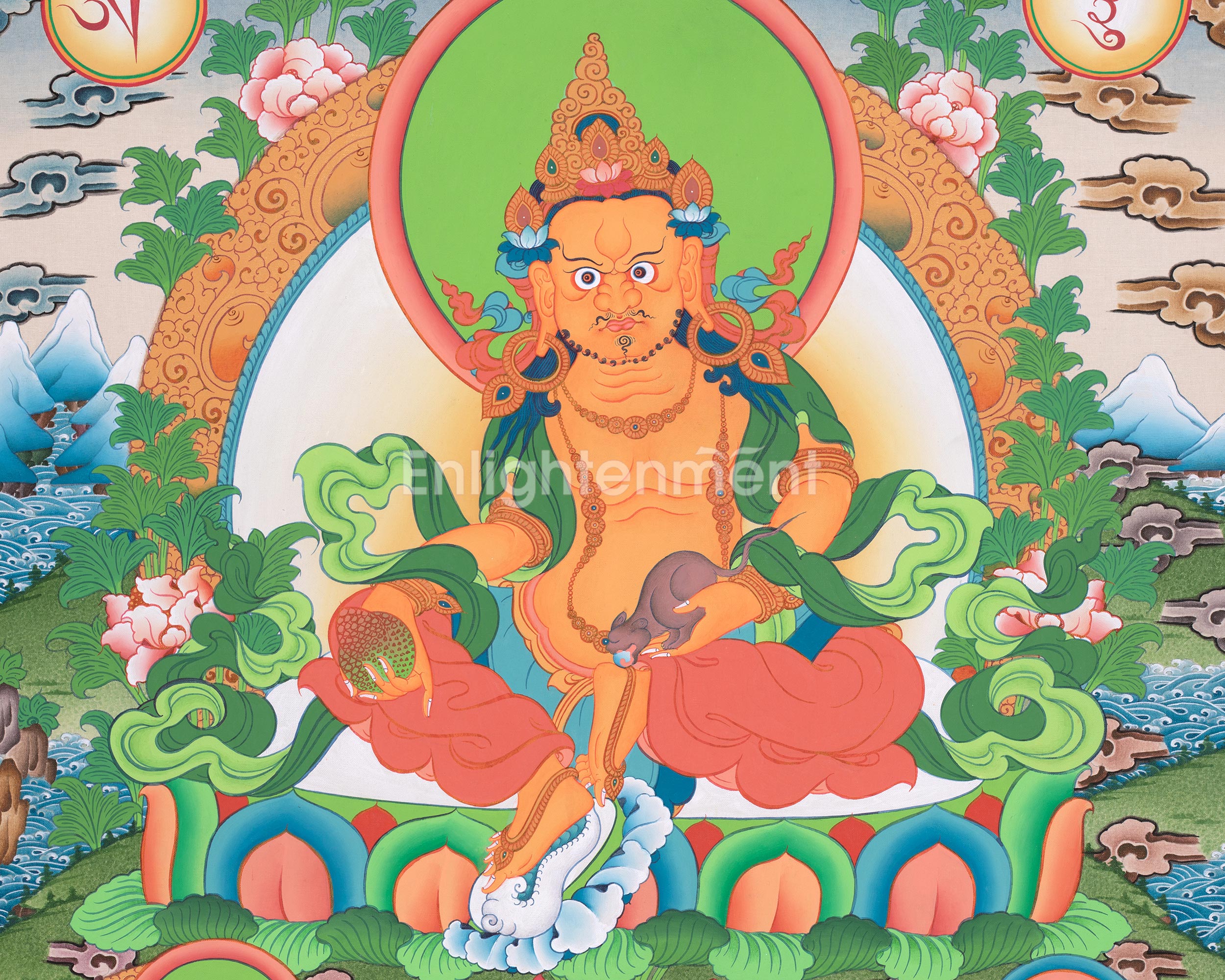Sacred Dzambhala Thangka with Amitabha Buddha | Featuring White & Black Dzambhala