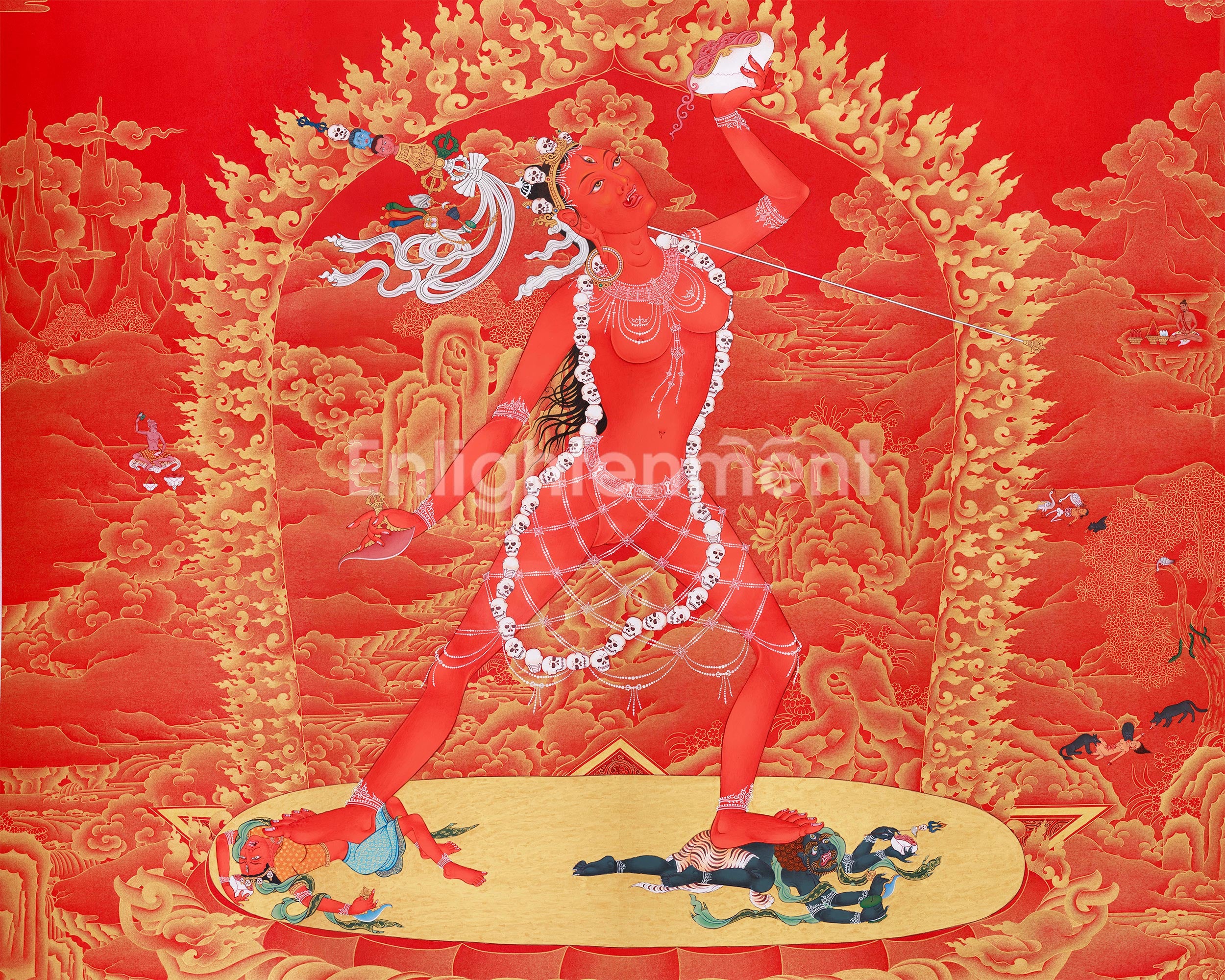 Queen of Dakinis, Vajrayogini | Exclusive Large Thangka in Nakthang (Gold on Red) Style