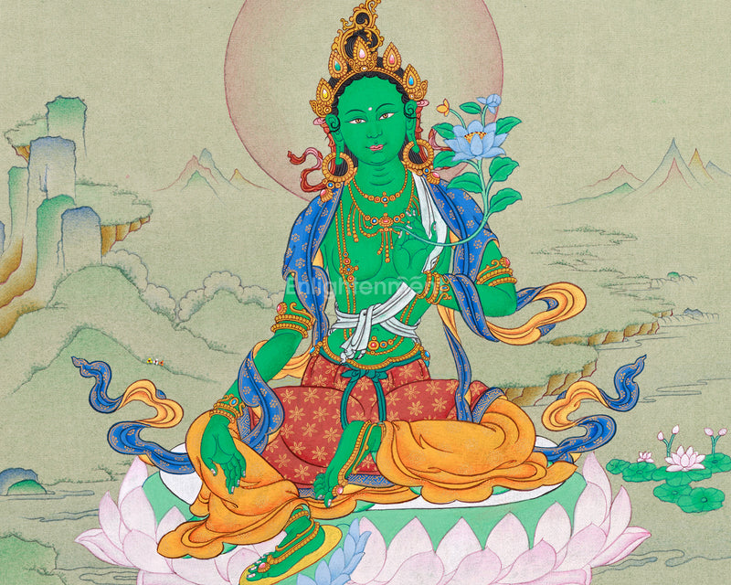 Tibetan Art of Small Green Tara on Cotton Canvas