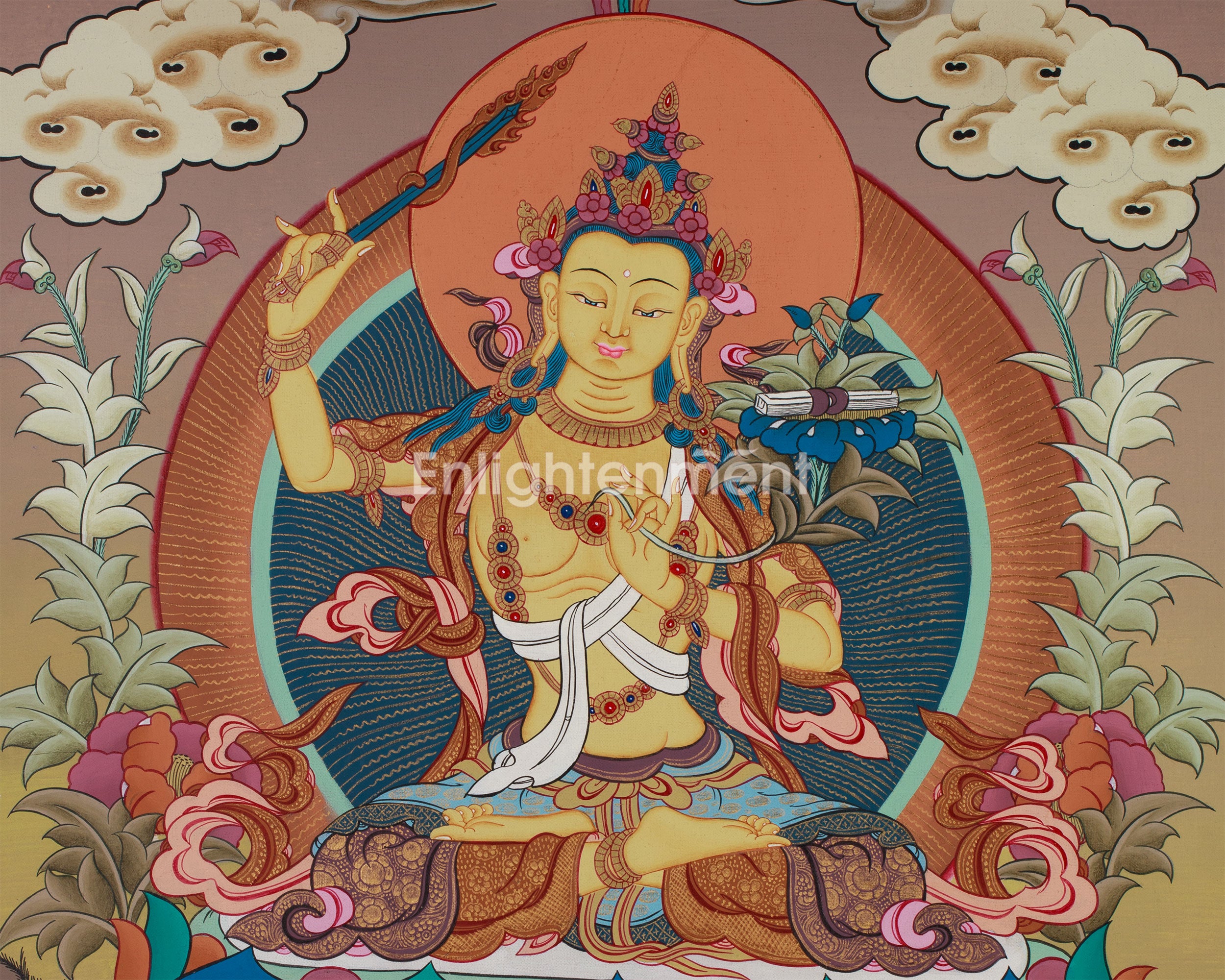 Manjushri Thanka | Tibetan Bodhisattva with Flaming Sword of Wisdom