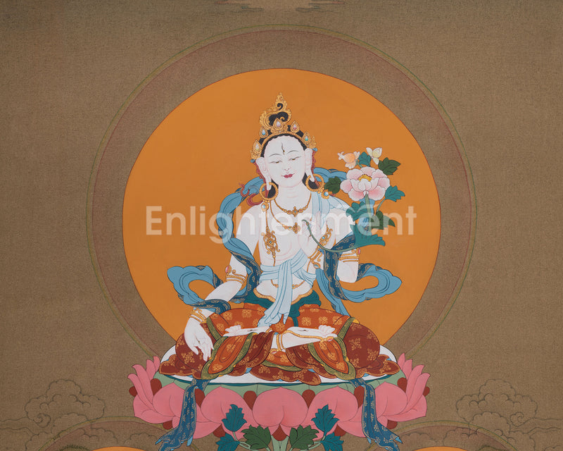 Sacred Three Long Life Deities Thangka | White Tara, Amitayus Buddha and Namgyalma