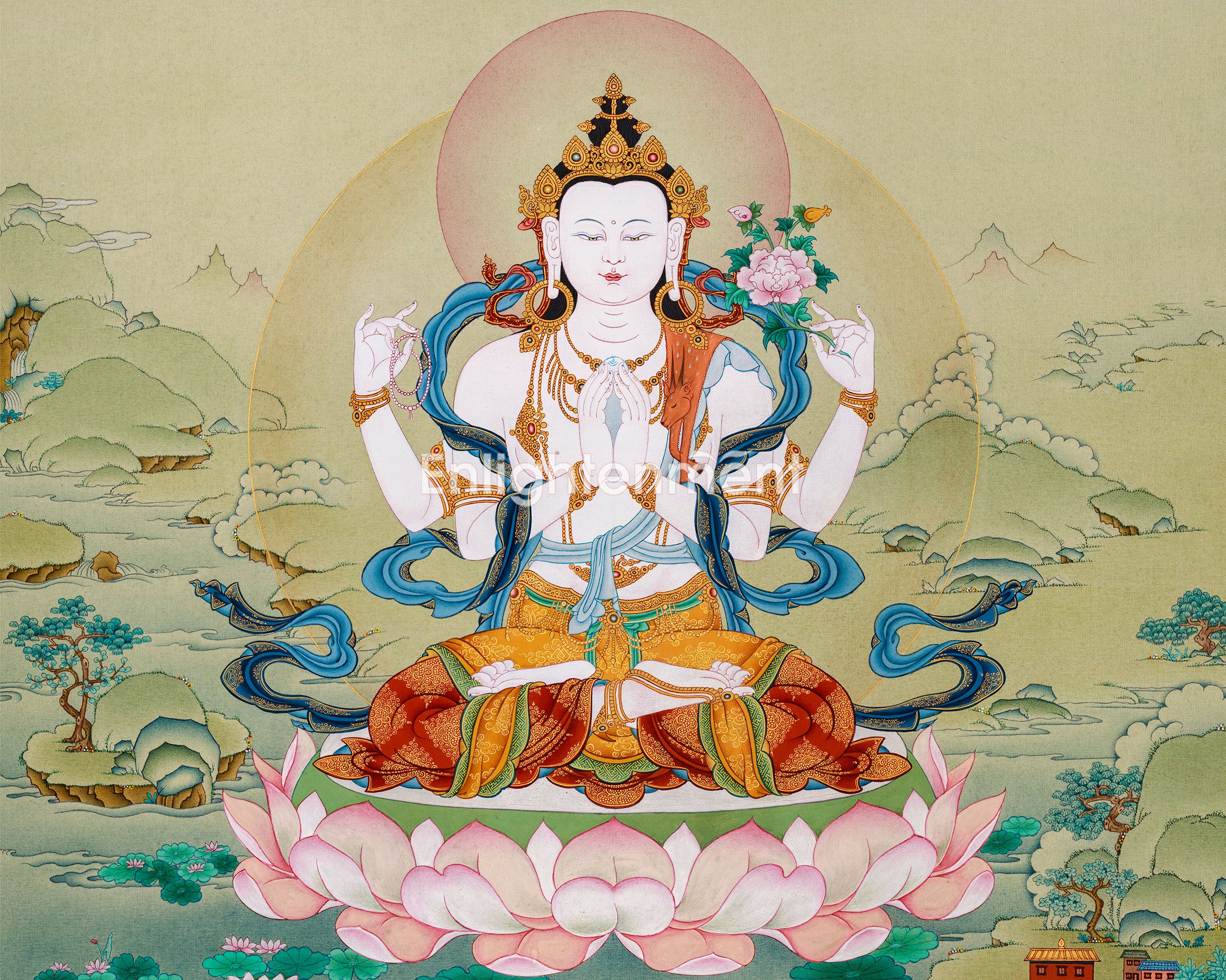 Compassion Buddha Avalokiteshvara Thangka| Authentic Stone Colors from Lhasa, Tibet