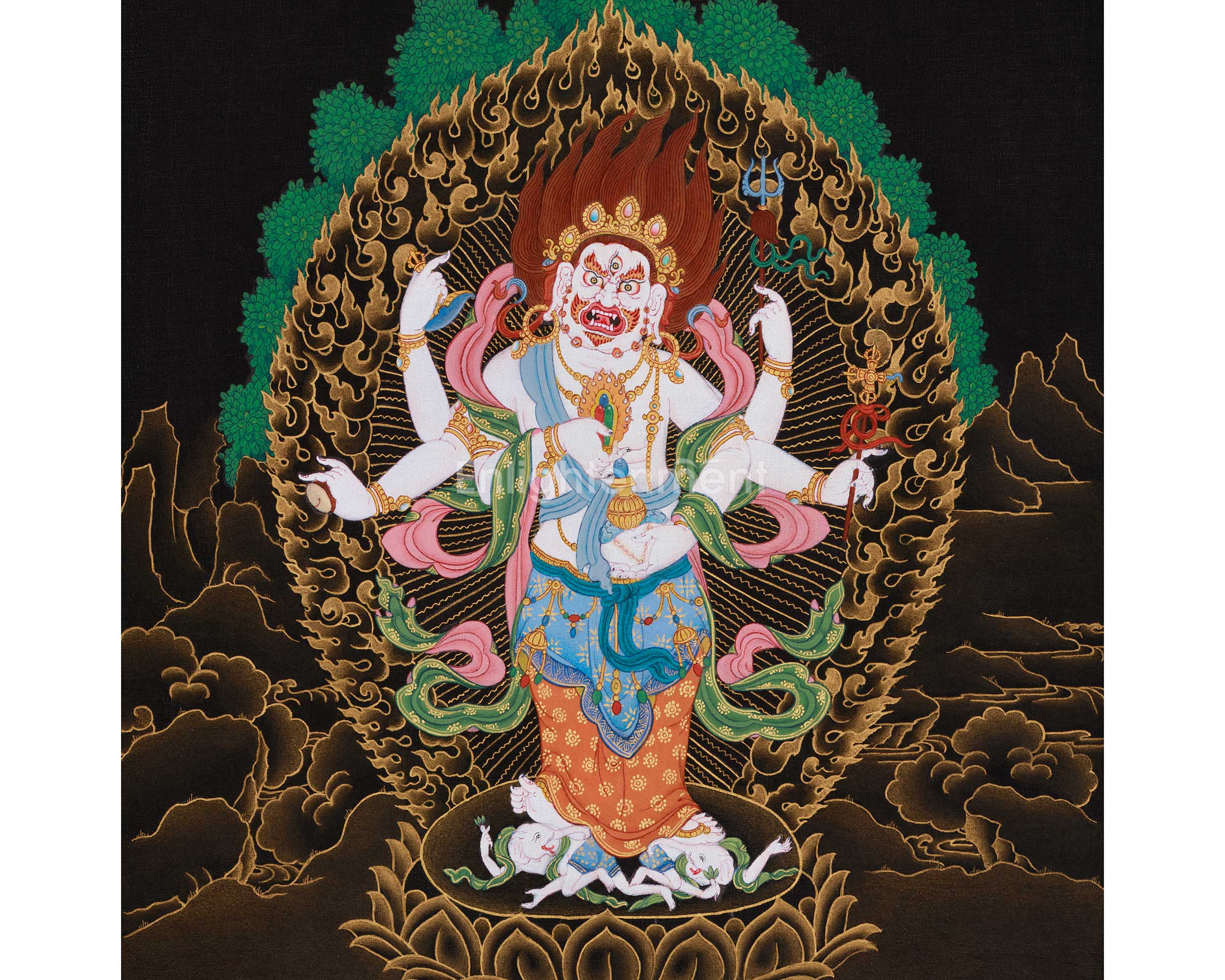 Traditional Thangka of White Mahakala | Prosperity Deity